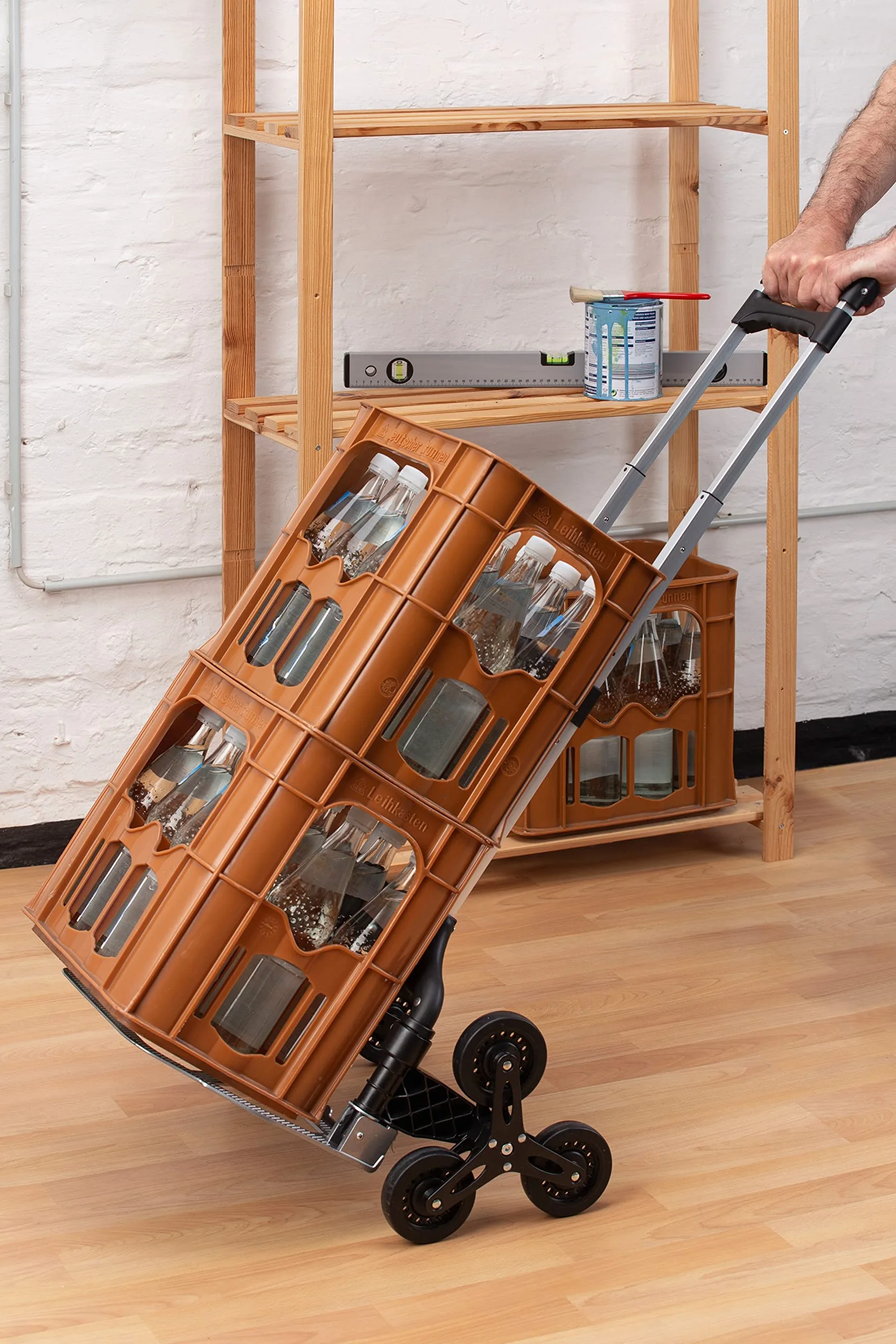 Meister 8985840 - Carretilla de Mano para escalones (80 kg, 3 x 3 escaleras, Plegable, Incluye Ruedas, Mango Ajustable en Tres Alturas, de Aluminio)