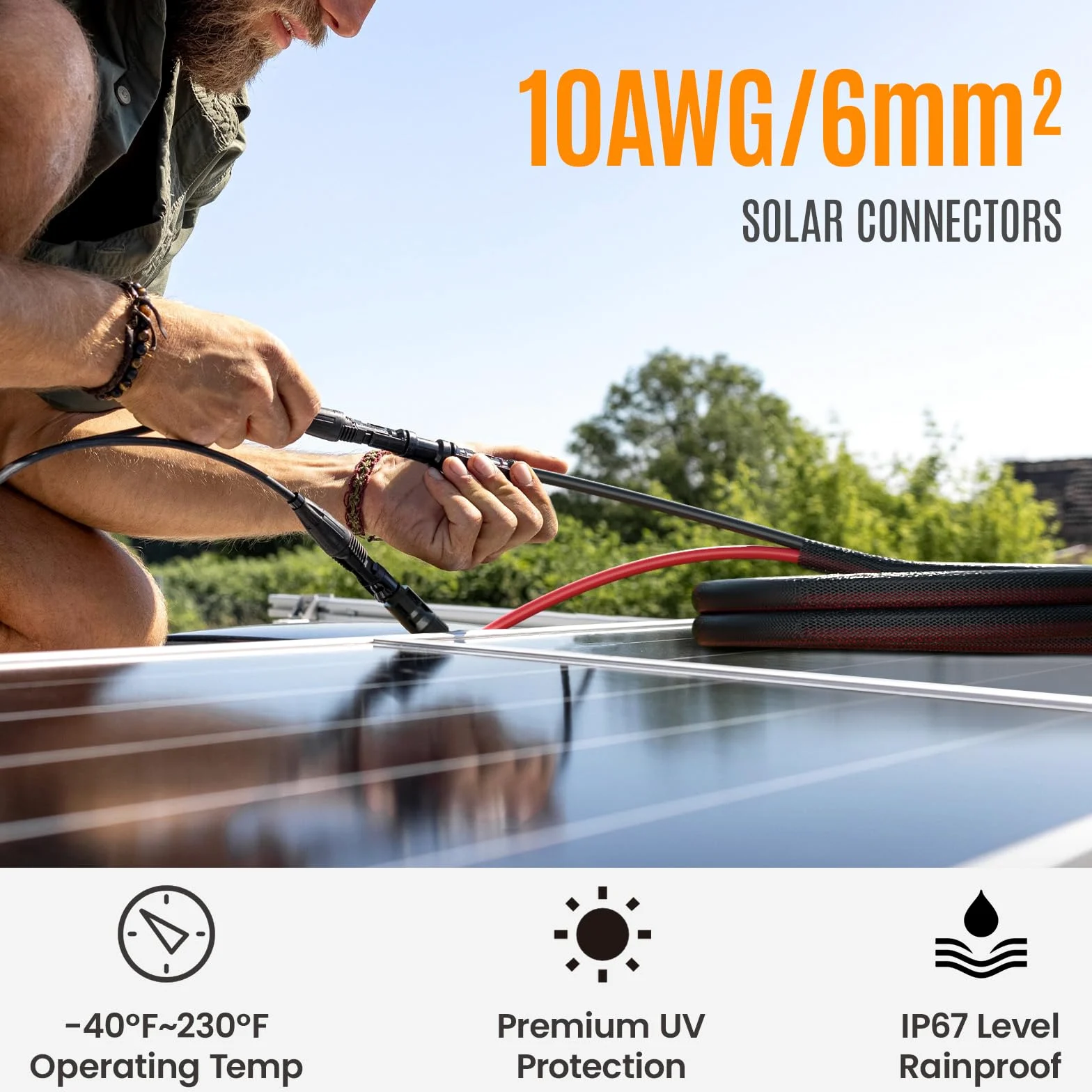 Cable de extensión de panel solar de 10 AWG, 6 mm², 20 pies, cable fotovoltaico de cobre con funda, IP67 impermeable, ignífugo, cable solar para exteriores para paneles solares y sistemas de