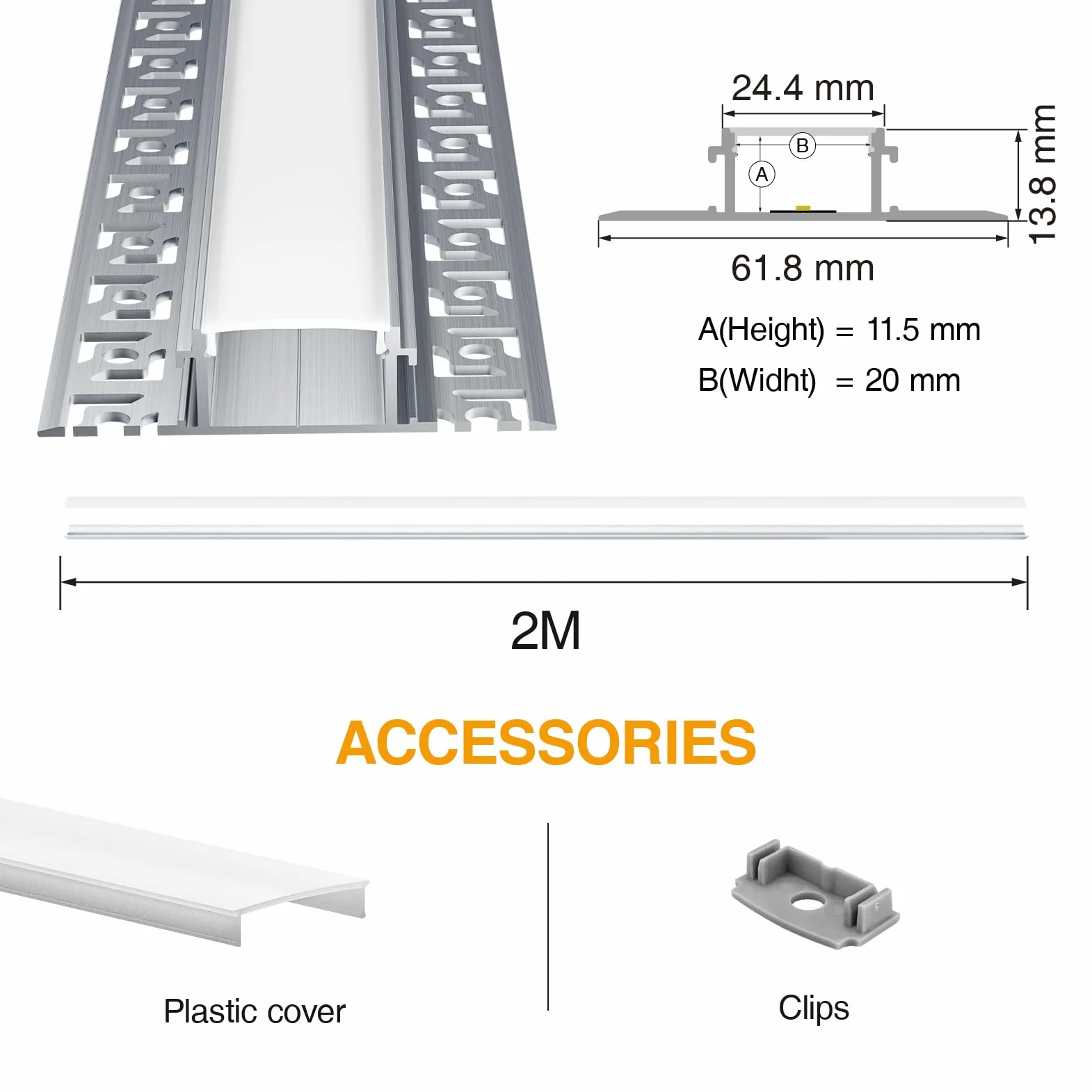 Perfil Aluminio Tira LED 2m 5 Piezas， Perfil LED de Cartón Yeso, Compatible con Tiras LED de Ancho Menor o Igual a 20mm - 64.2 x 13.8mm