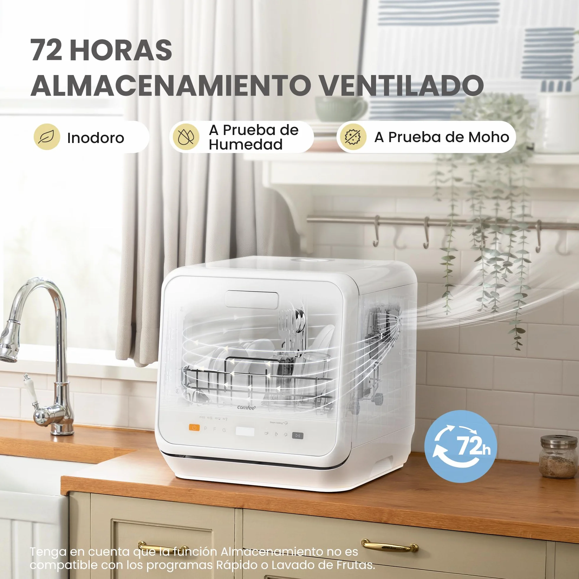 COMFEE' Lavavajillas de Encimera Mini, 6 Programas, Lavado con Vapor, Cuidado del Bebé, Lavado de Frutas, Sin Fontanería, Inicio Diferido, 72h Almacenamiento, Blanco