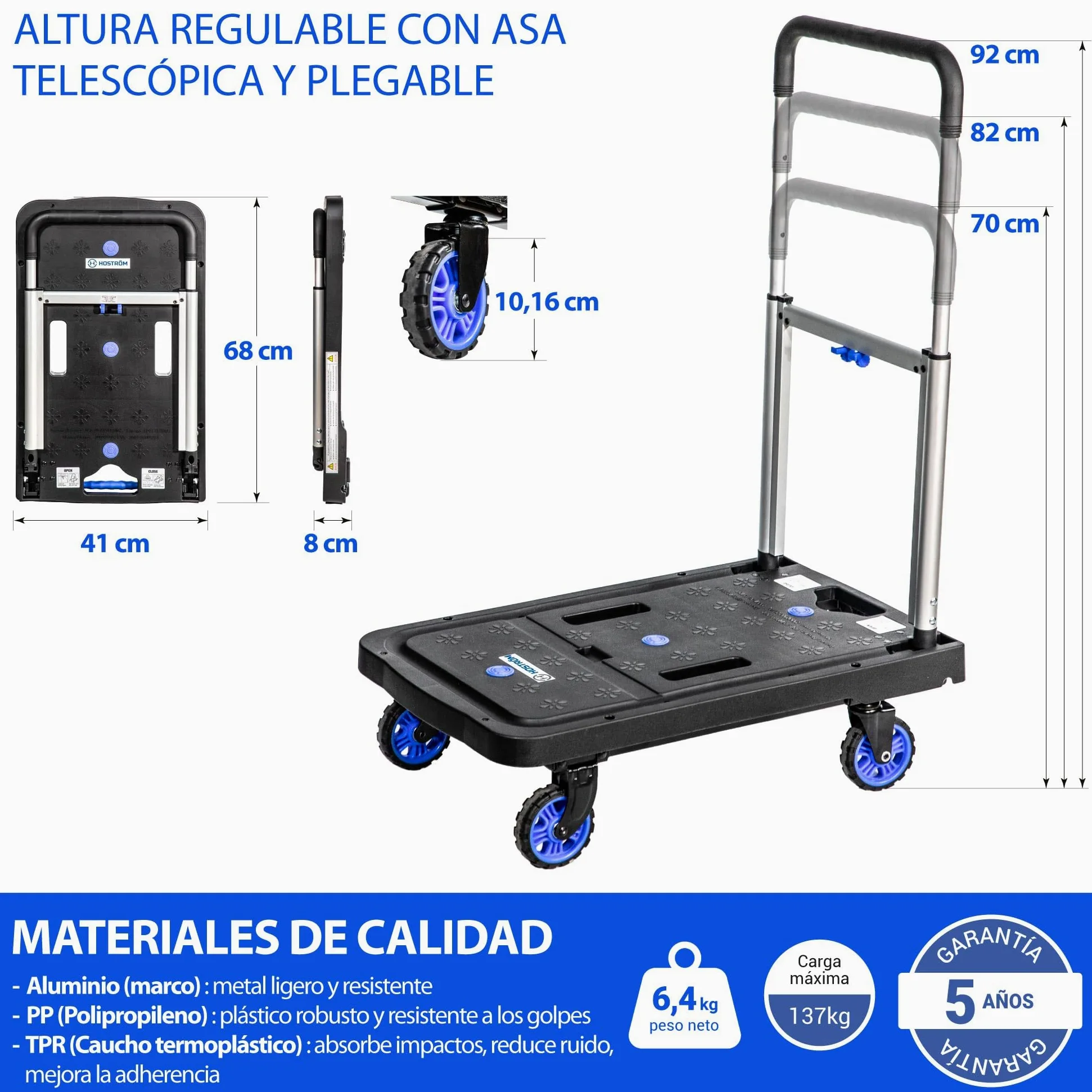 HOSTRÖM Carro con Ruedas, Carro de Almacenamiento Plegable, traslado, Transporte Material, asa telescópica, Carga máx. 137 kg,