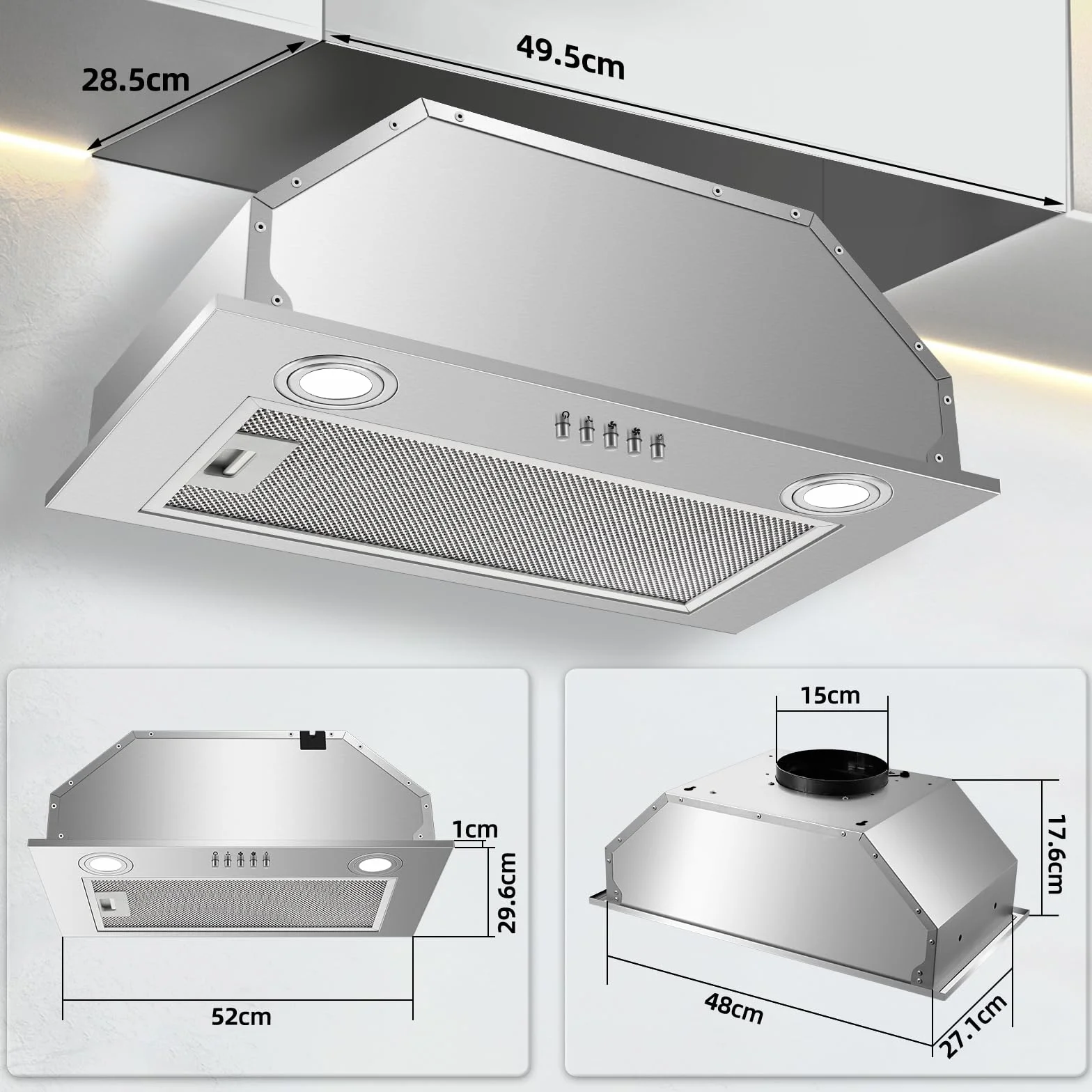 Campana Extractora Encastrable 52cm 300m³/h Acero Inoxidable LED