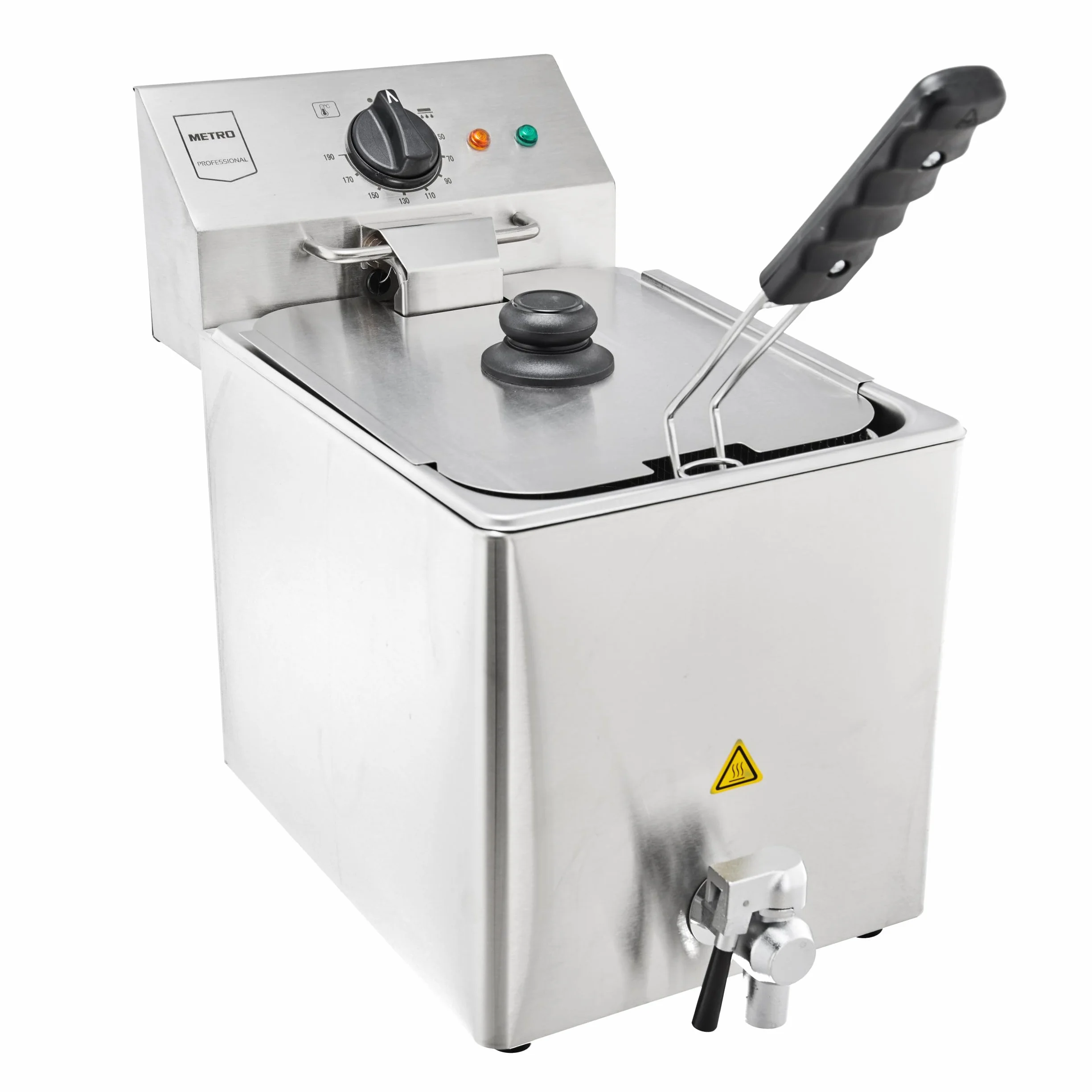 METRO Professional Freidora Eléctrica GDF3008, Acero Inoxidable, 8 L, Termostato Ajustable, Indicadores Luminosos, Asas Resistentes al Calor, 3250 W, Plateada