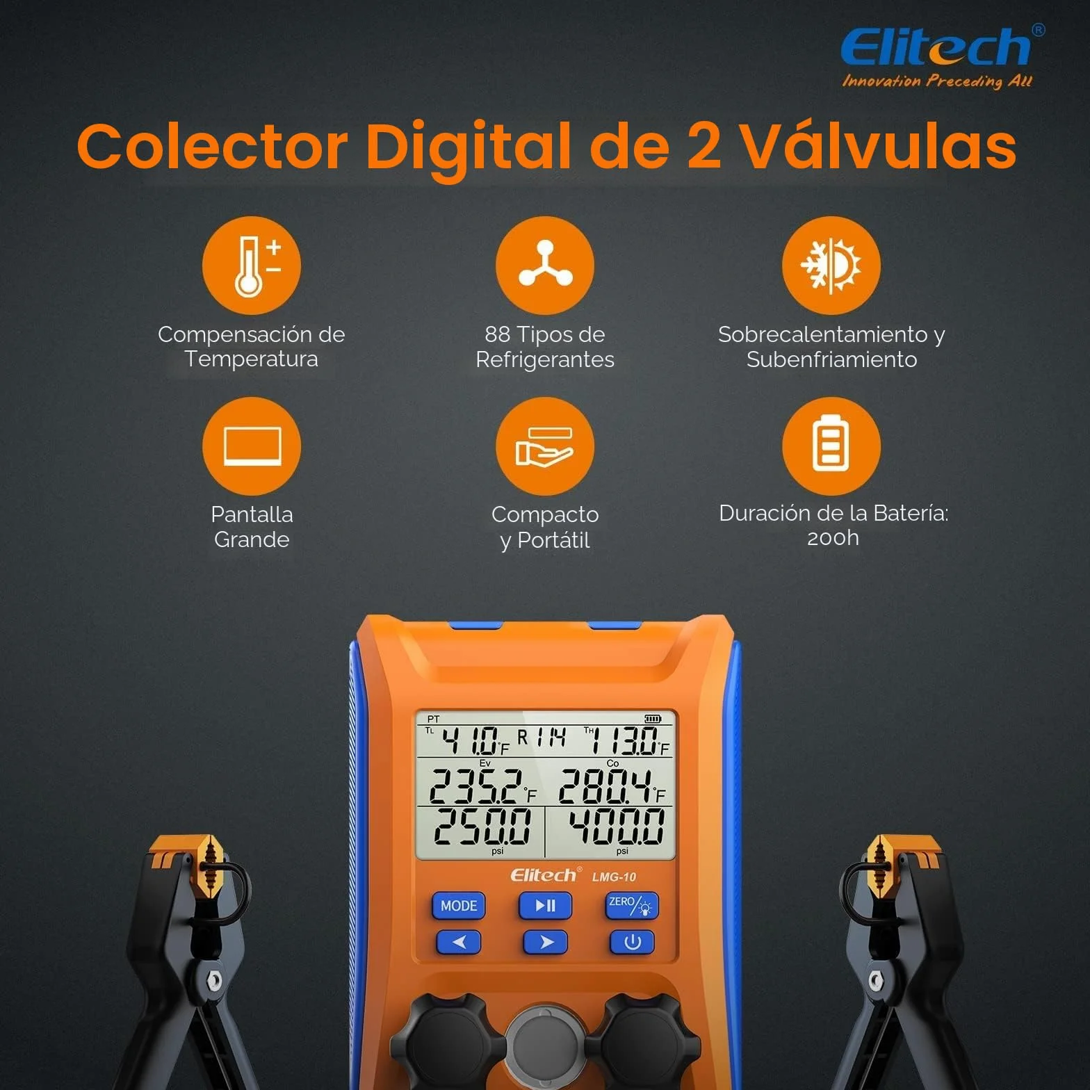 Elitech Juego de Manómetros Digitales de Refrigeración LMG-10, Alta Precisión, HVAC