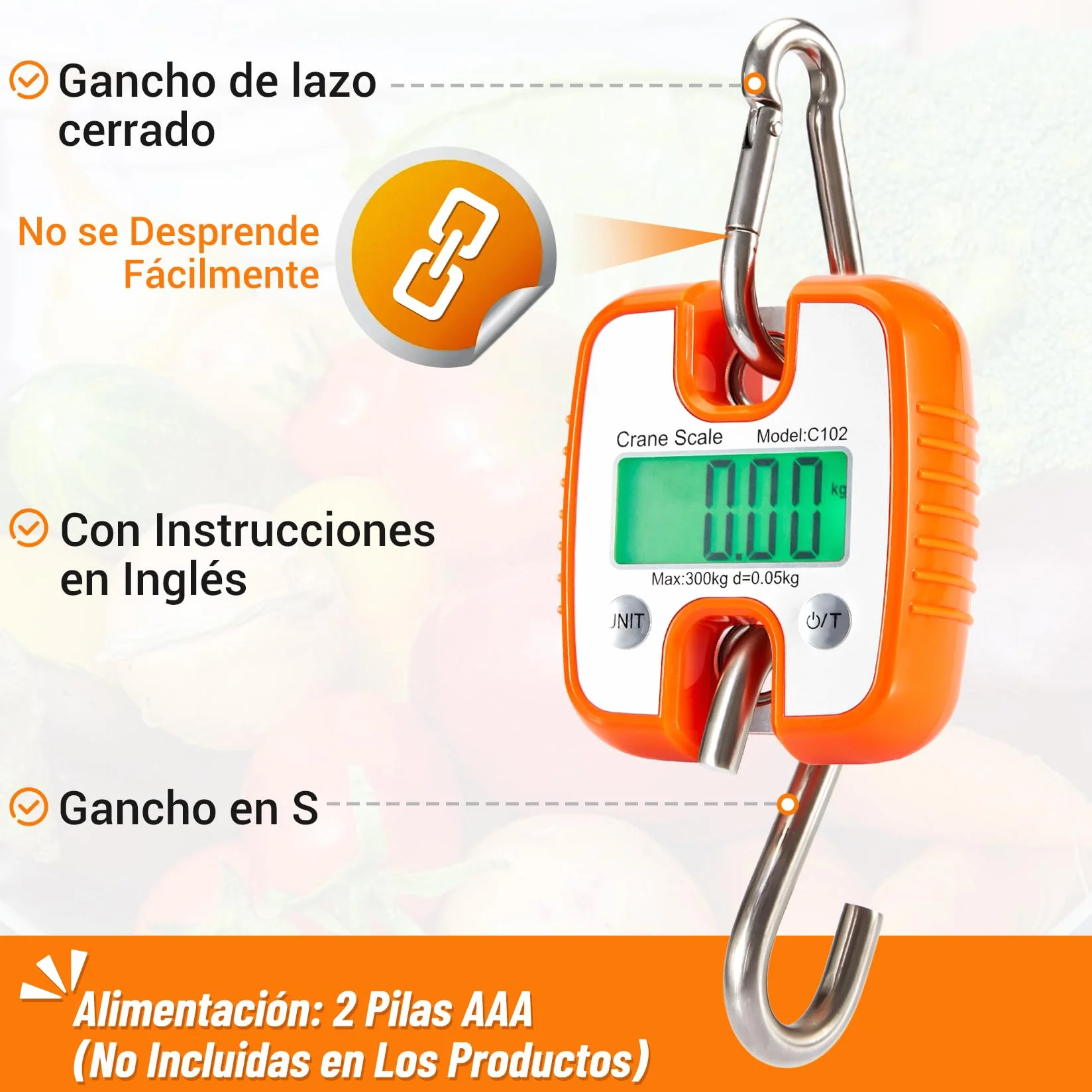 CarBole Báscula de Grúa Digital de 300KG/660lb,Báscula Portátil de Elevación con Pantalla LCD y Gancho Robusto,para Usos Industriales