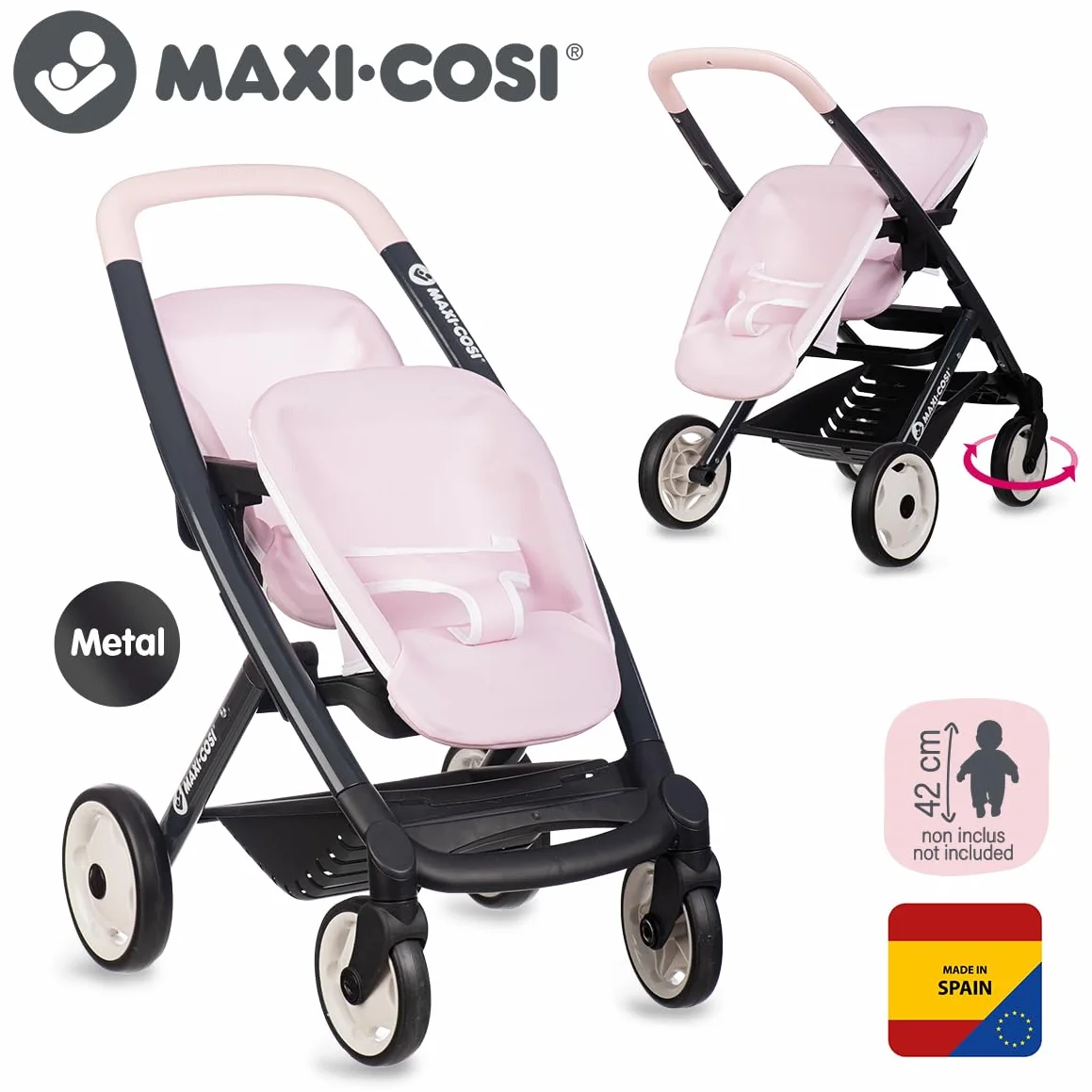 Smoby Maxi-Cosi Cochecito Gemelar Rosa para 2 Muñecas 42 cm Ruedas Silenciosas Multidireccionales