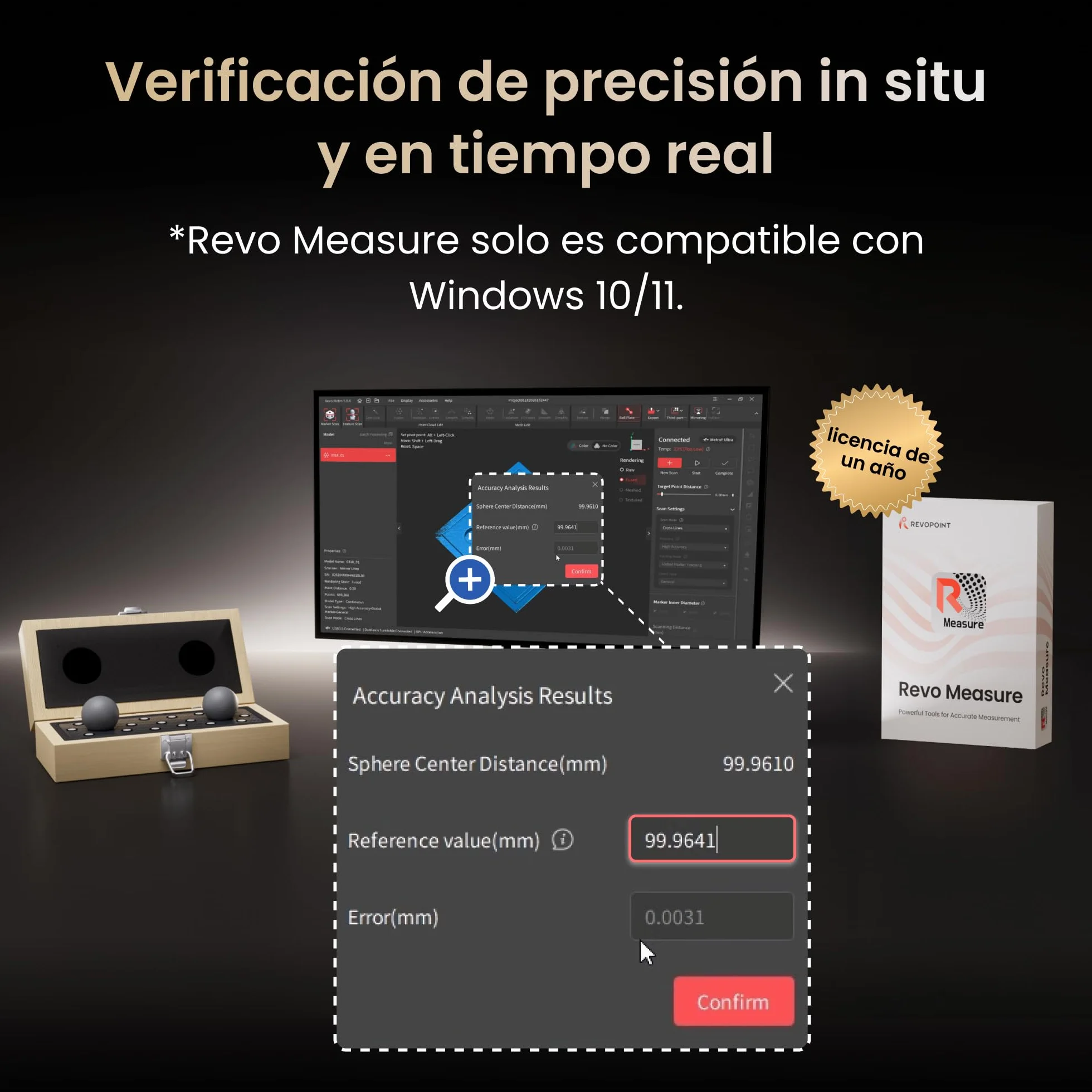 Revopoint MetroY Ultra Escáner 3D, Láser Azul 0,01 mm, GD&T y Análisis Desviaciones, Certificado PTB, 90 FPS, Wi-Fi 6, Escaneo Exterior/Color, Impresión 3D, Placa Bola Fibra Carbono (Solo Win 10/11)