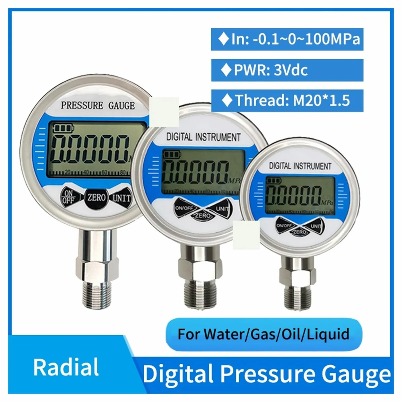 Medidor de Presión Manómetro digital de barra inalámbrica Mpa Psi, manómetro presión agua, combustible líquido, aire, 100Mpa, baja(80mm dial diameter,0-10Mpa)