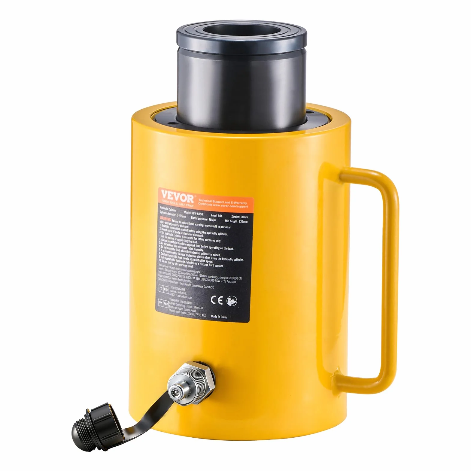 VEVOR Gato Hidráulico Carretilla Capacidad de 60 t, Gato Hidráulico para Coche, Carrera del Pistón de 50 mm, Altura Total de 230 más 12 mm, para Coche, Furgoneta, Barco, Camión, Caravana