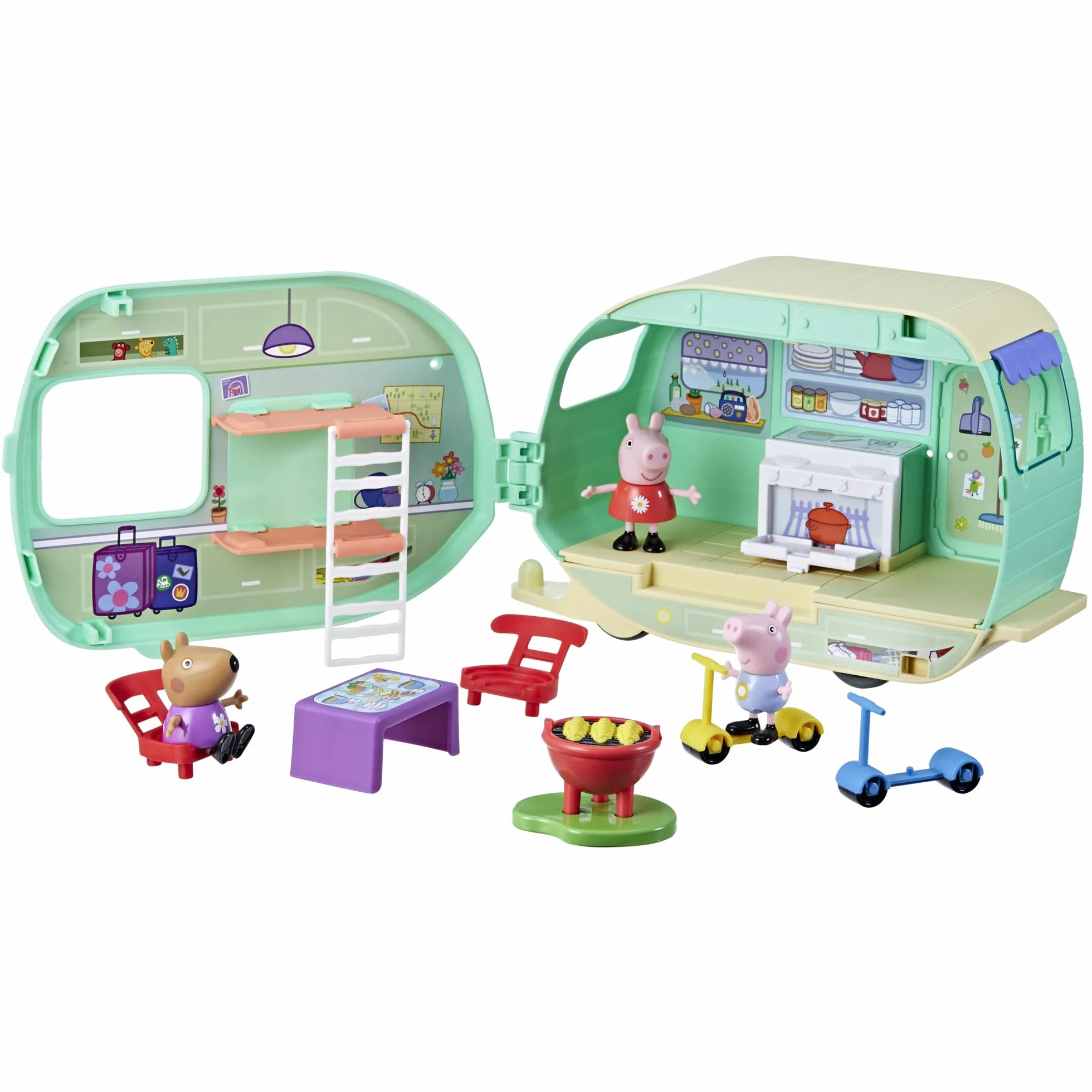 Peppa Pig Set de Juego Aventura en Carretera Caravana de Juguete con 3 Figuras Peppa George y Birgit para Niños 3 Años o Más