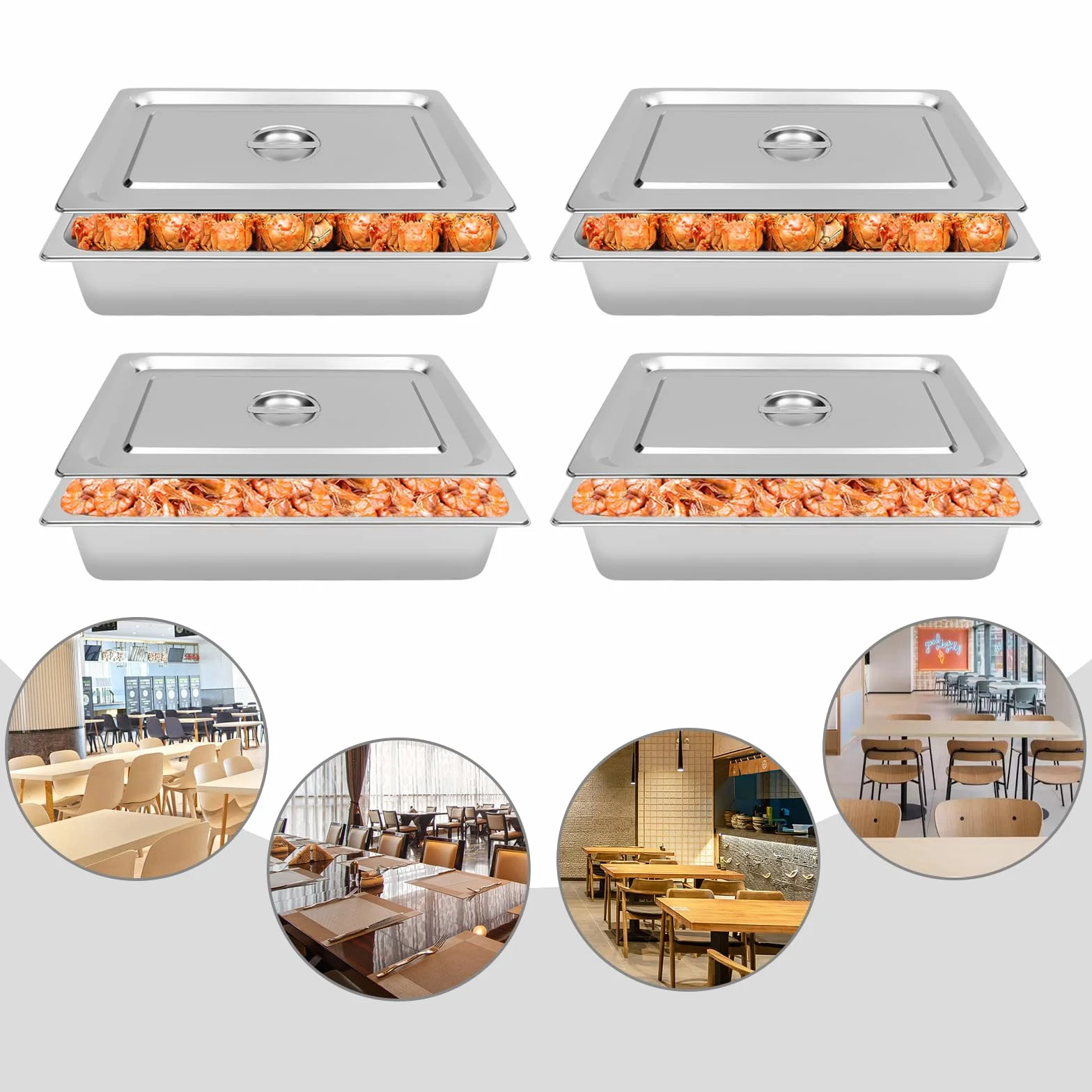 Juego 4 recipientes para comida acero inoxidable rectangular tapa buffet catering plateado