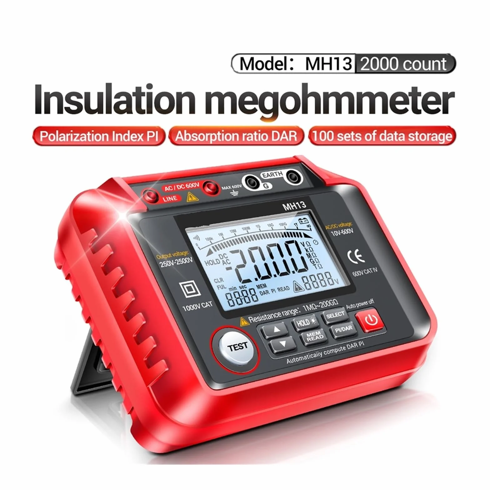 Probador de Resistencia, Probador MH13 Ohm, Multímetro Digital, Megómetro, Aislamiento De Tierra, Medidor De Resistencia De Alto Voltaje, Herramienta Megóhmetro,Multímetro