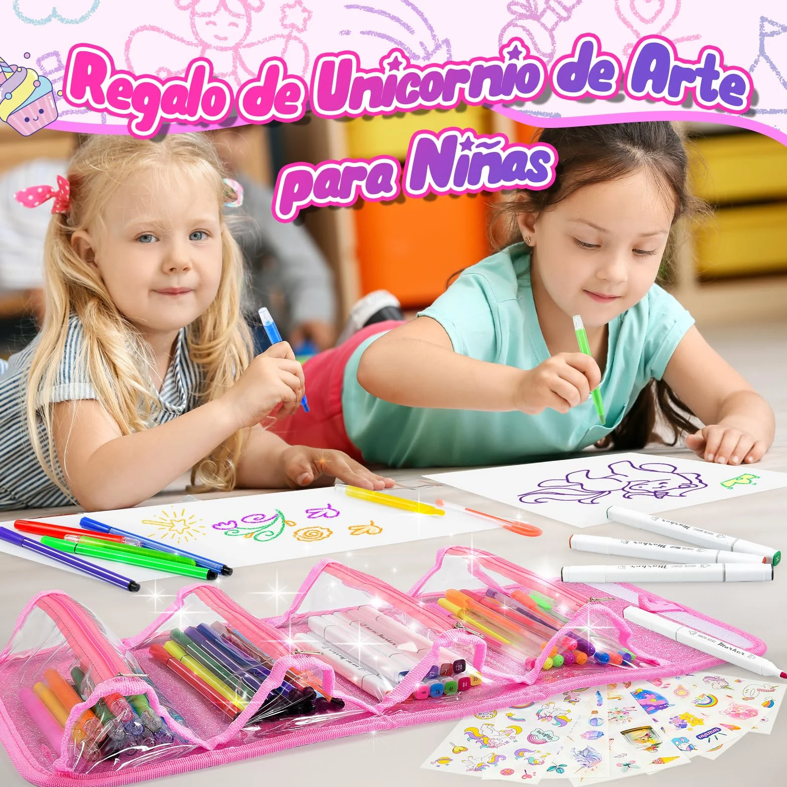 Maletin Pinturas para Niños Acuarelas Marcadores Regalo Niña 3-10 años Estuche 48 Pinceles Pegatinas Impermeable Fácil de Limpiar Rosa