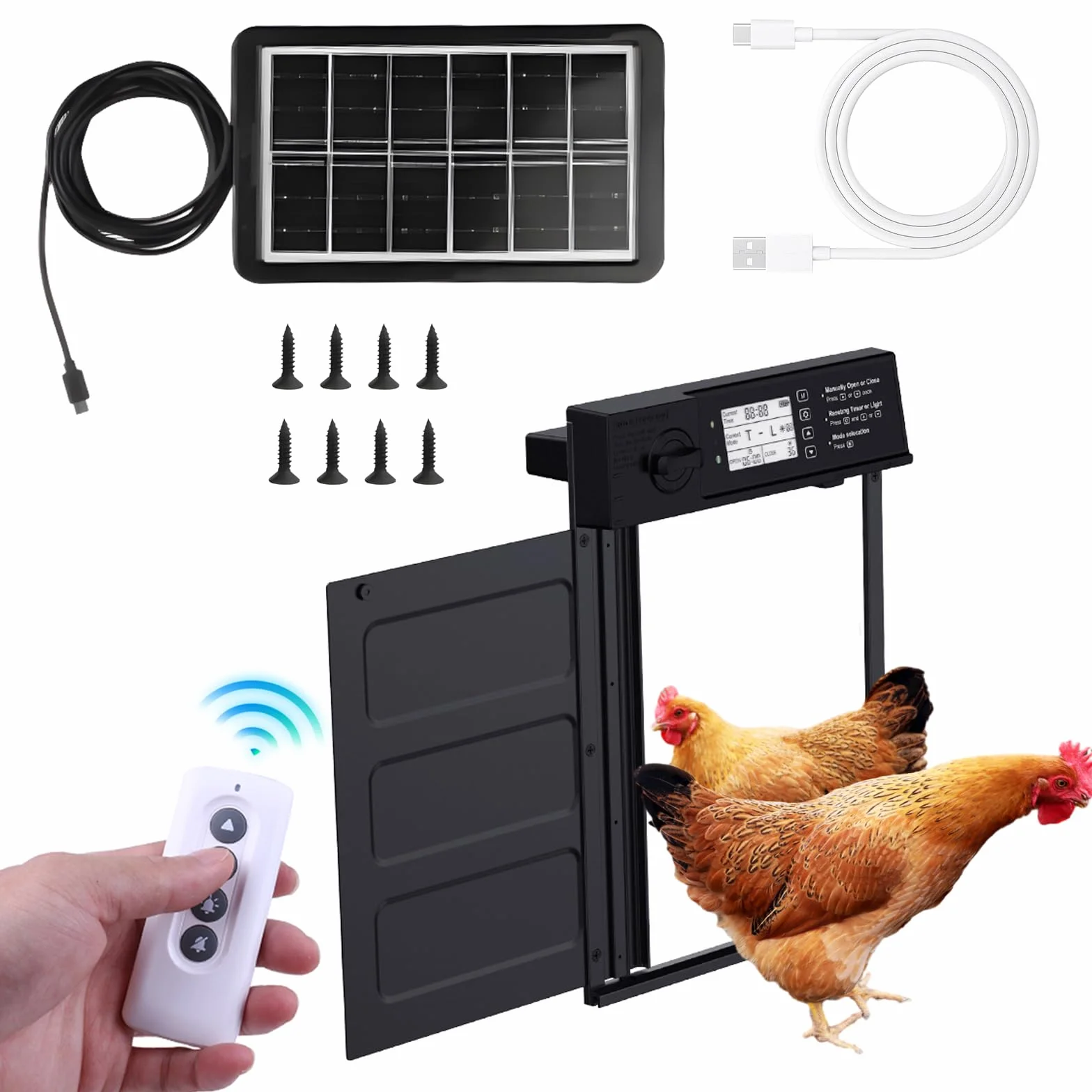 Puerta automática de aluminio para gallinero, puerta automática de gallinero alimentada por energía solar con pantalla LCD/temporizador/sensor de luz/control remoto, diseño antipellizcos,