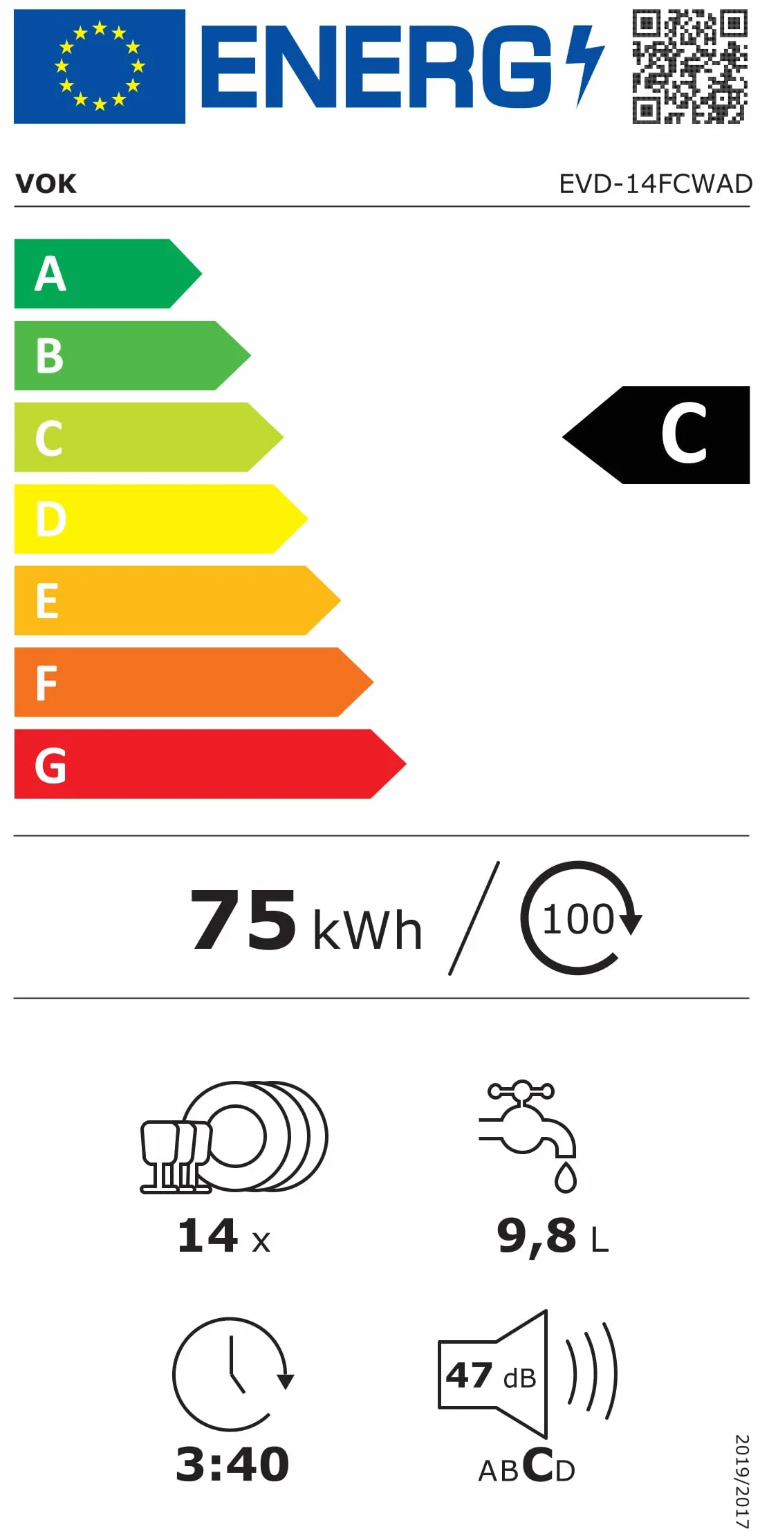 VOK Lavavajillas 60 cm 14 Cubiertos 8 Programas 47 dB Silencioso Clase C 3ª Bandeja Apertura Automática Blanco