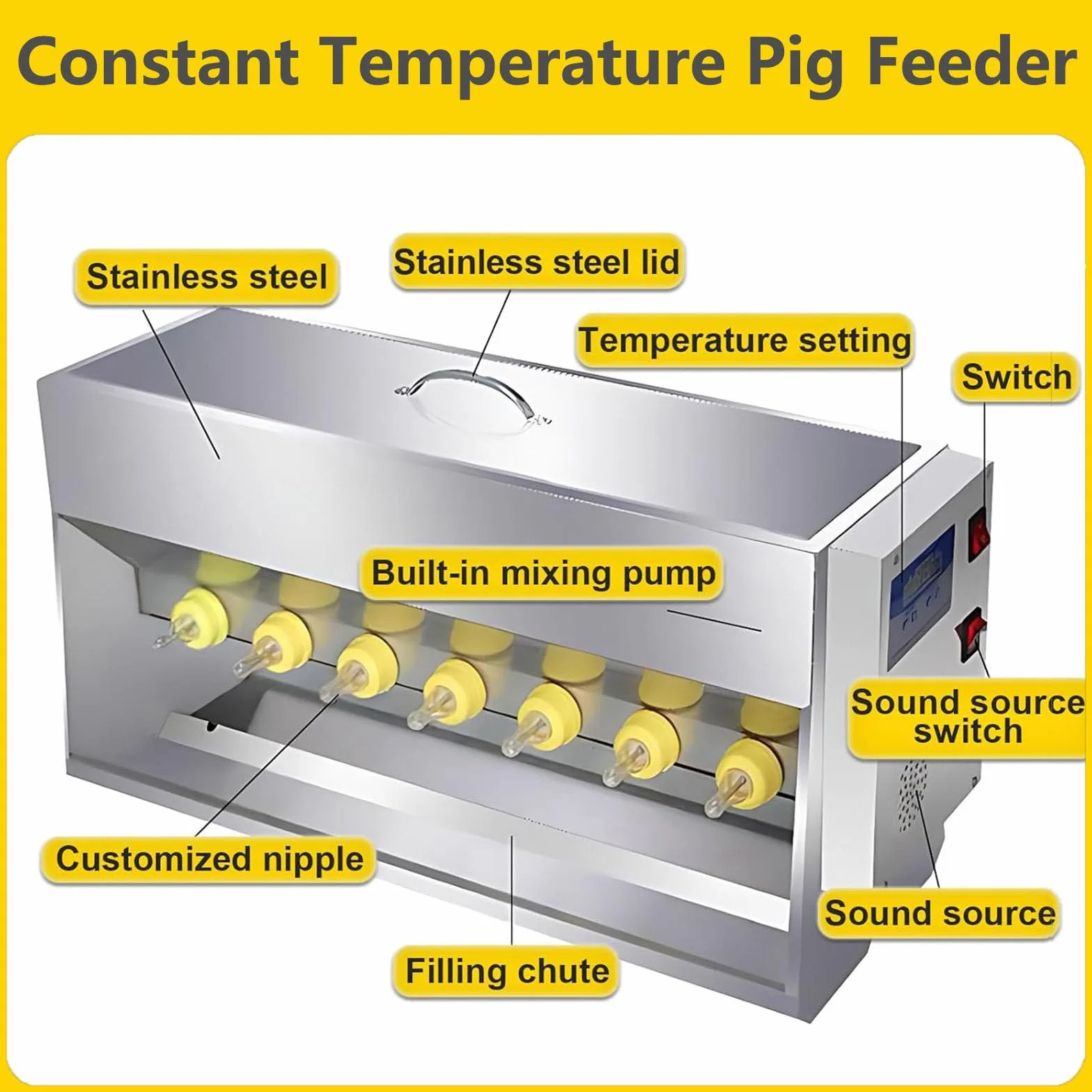 Biberón para Alimentación de Animales Grande - Alimentador de Leche Automático con Calor,15L/10 Pezones, 20L/14 Pezones, Sonido para Atraer a Crías (Lechones, Corderos, Terneros) 10 Nipples