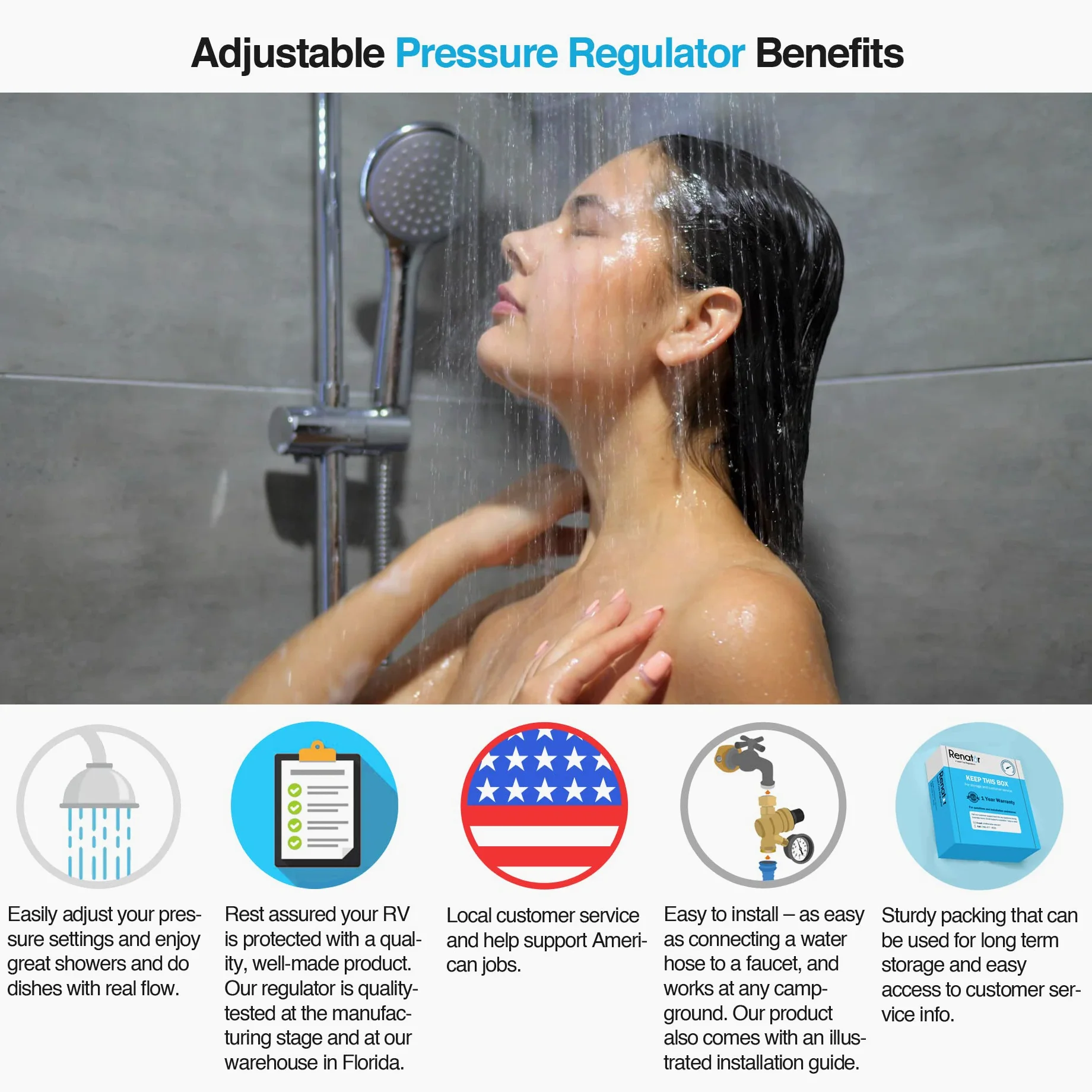 Renator Regulador de presión de agua RV para cámper, regulador de presión de agua ajustable sin plomo de latón con manómetro. Regulador de agua RV para caravana remolque de viaje, válvula reductora W