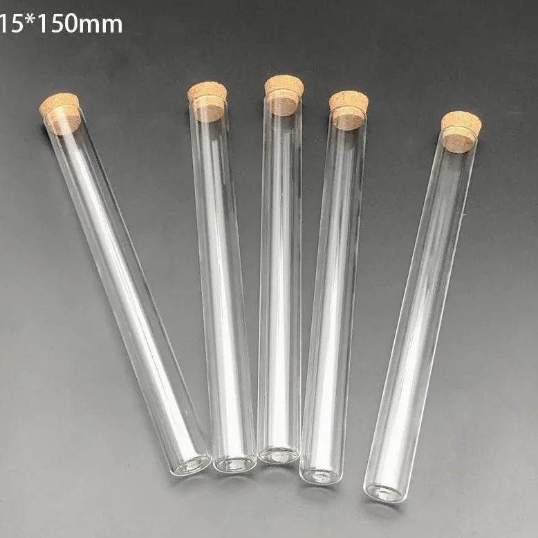 Tubos de ensayo de vidrio de laboratorio de 20 piezas con tapones de corcho, recipientes de laboratorio transparentes de fondo Flat de 15x150mm