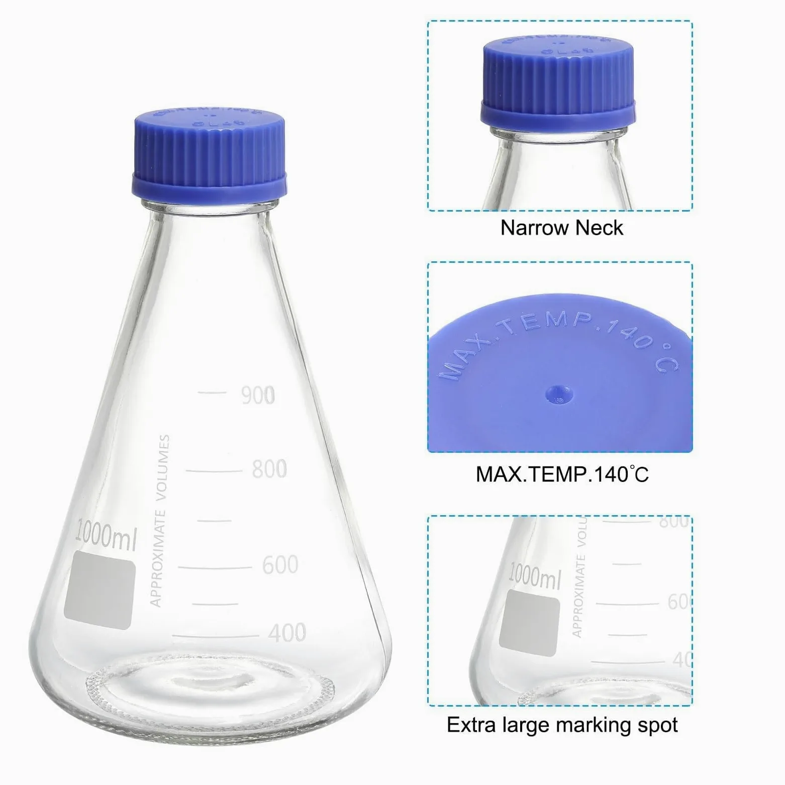 Matraz Erlenmeyer, 1000ml - Vidrio Borosilicato, Graduado, Boca Estrecha con Tapón Roscado para Laboratorio(CC,1000ml/33.8oz)