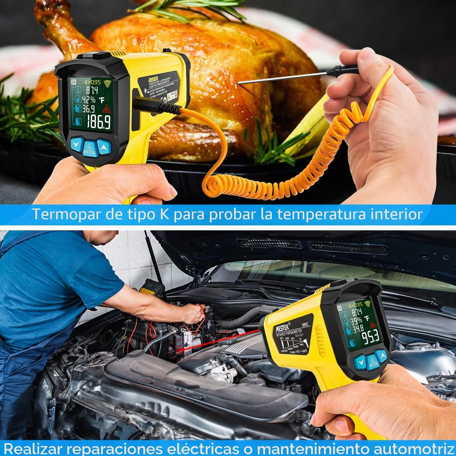 Termómetro Infrarrojo MESTEK -50°C~800°C Pistola Temperatura Laser Sin Contacto Pantalla LCD Color Ajuste Emisividad