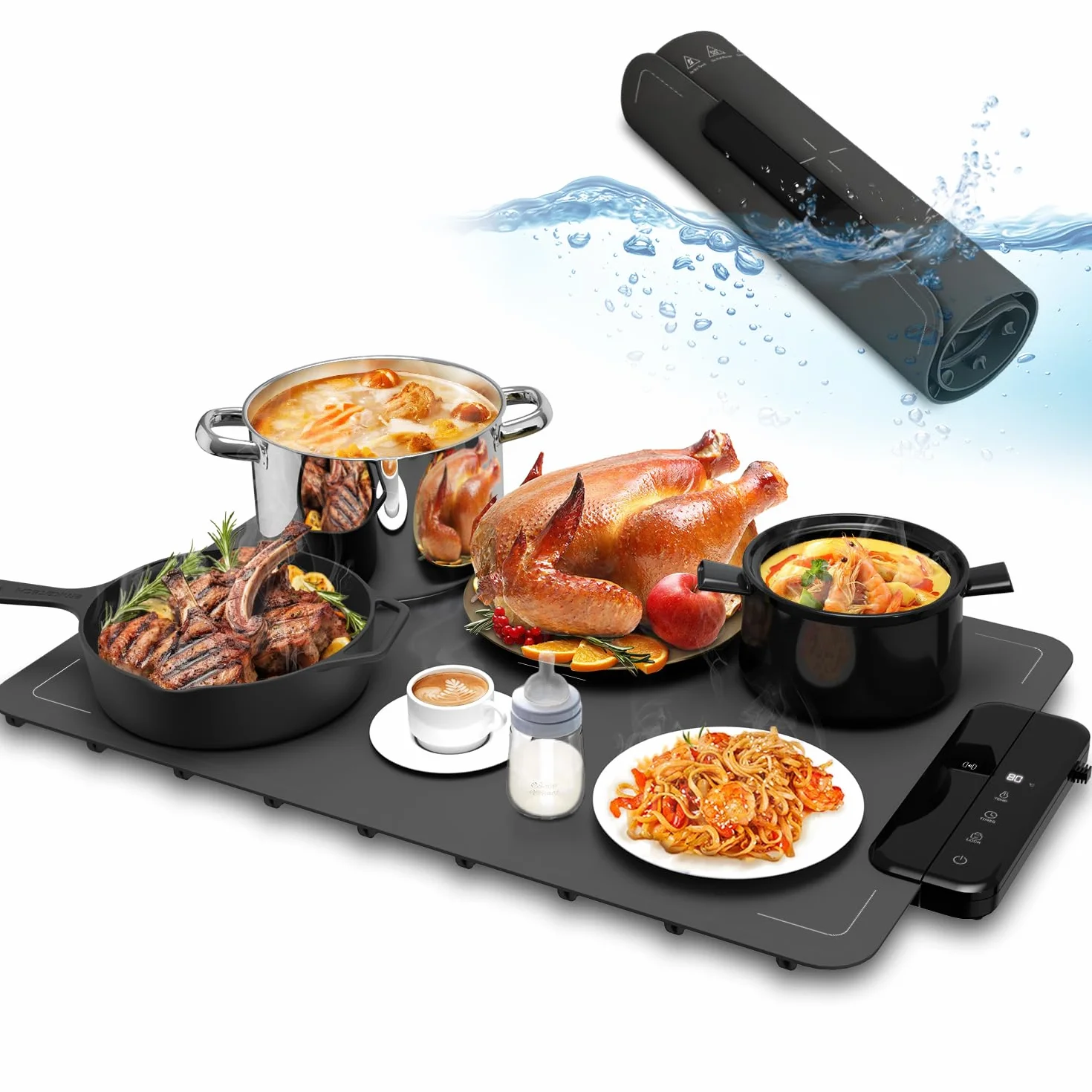 Alfombrilla Térmica para Alimentos con 6 Temperaturas, Bloqueo Infantil, Apagado Automático y Temporizador
