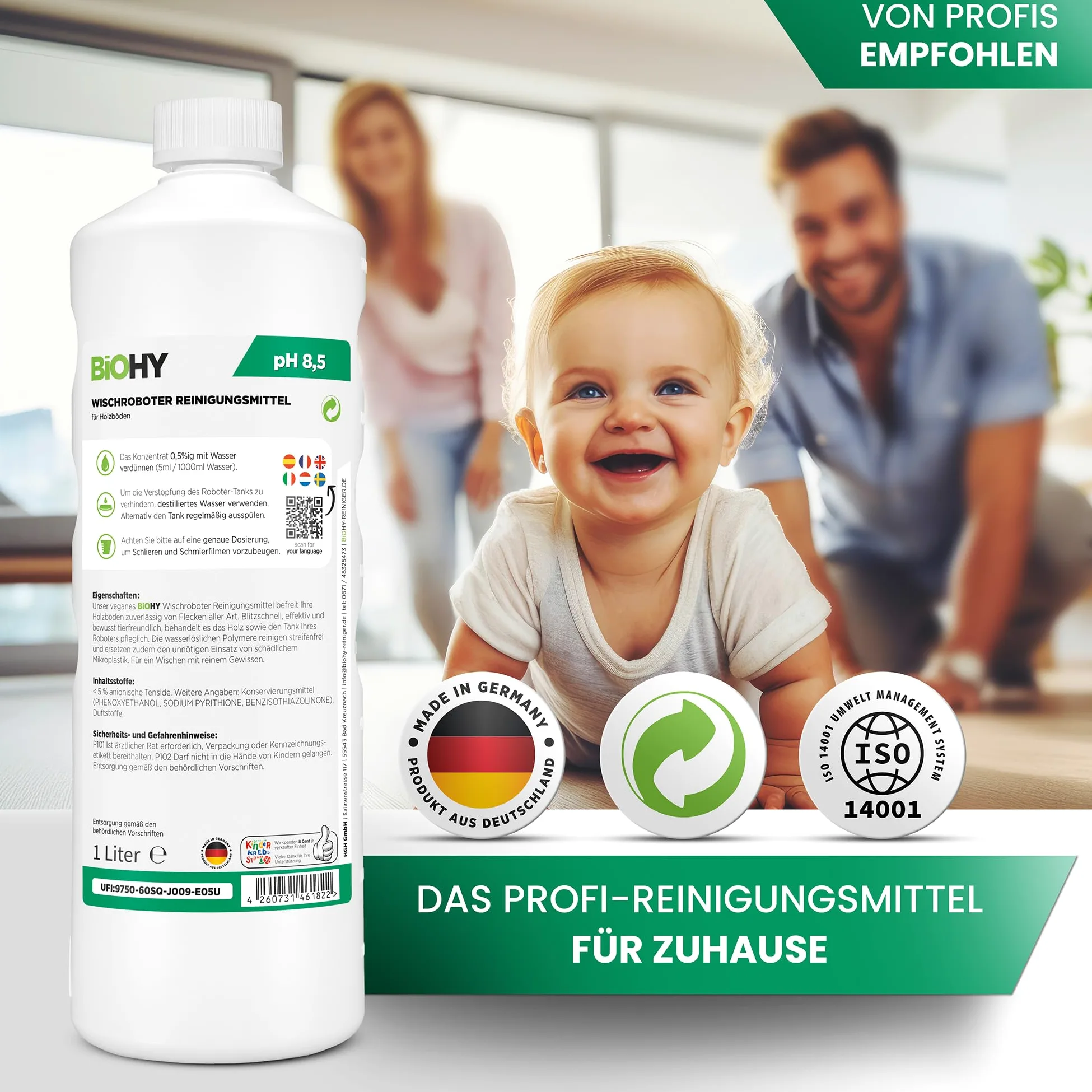 BiOHY Detergente robot de limpieza (9 botellas de 1 litro) + Dosificador | Limpiador para los suelos de madera | parquet y laminado | Concentrado con fragancia fresca (Wischroboter Holz)