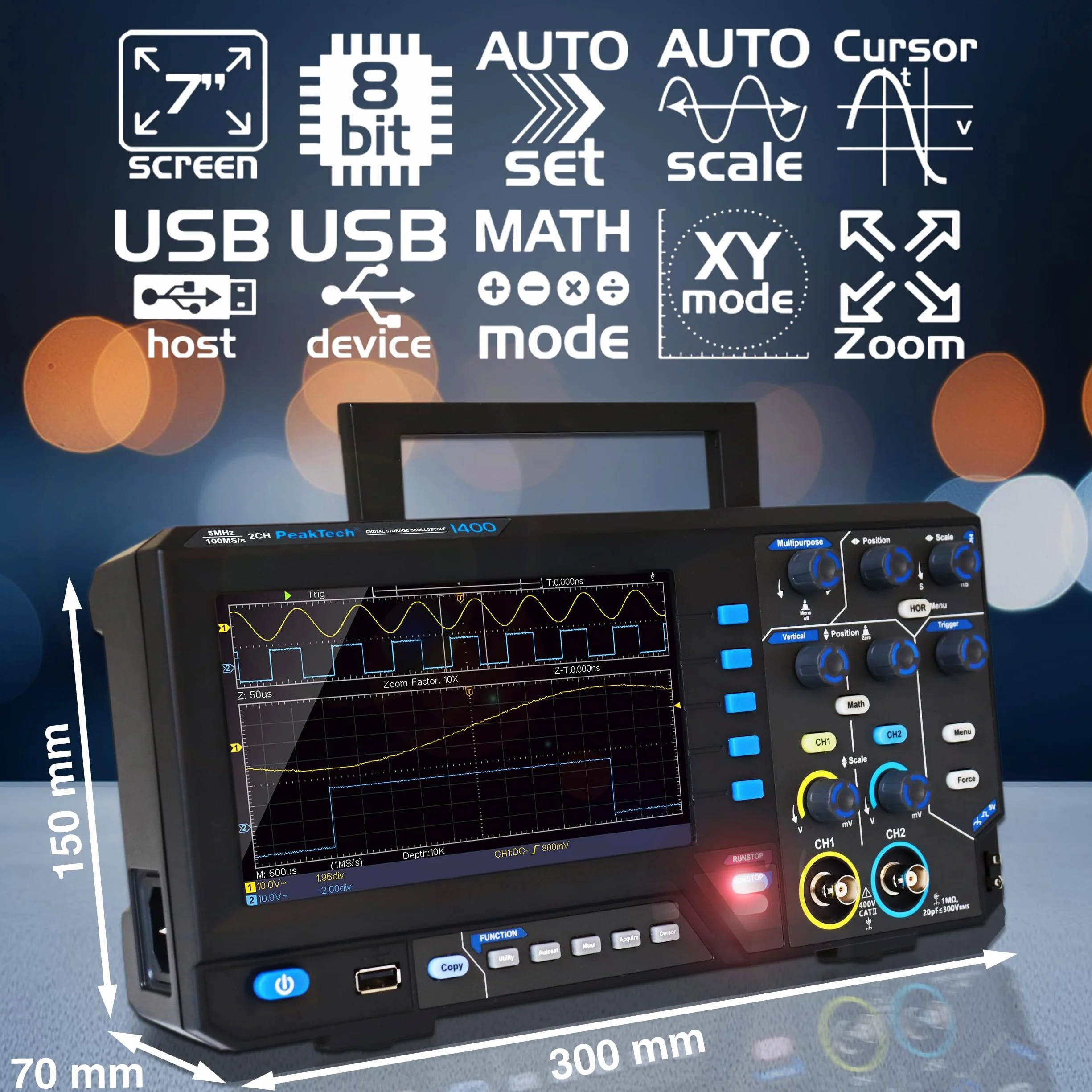 PeakTech, 1402, Osciloscopio digital de 2 canales [3 años de garantía] 20 MHz, 250MS/s, Interfaz USB, Software para PC, Osciloscopio P 1402, Negro, Osciloscopio USB, Multímetro osciloscopio