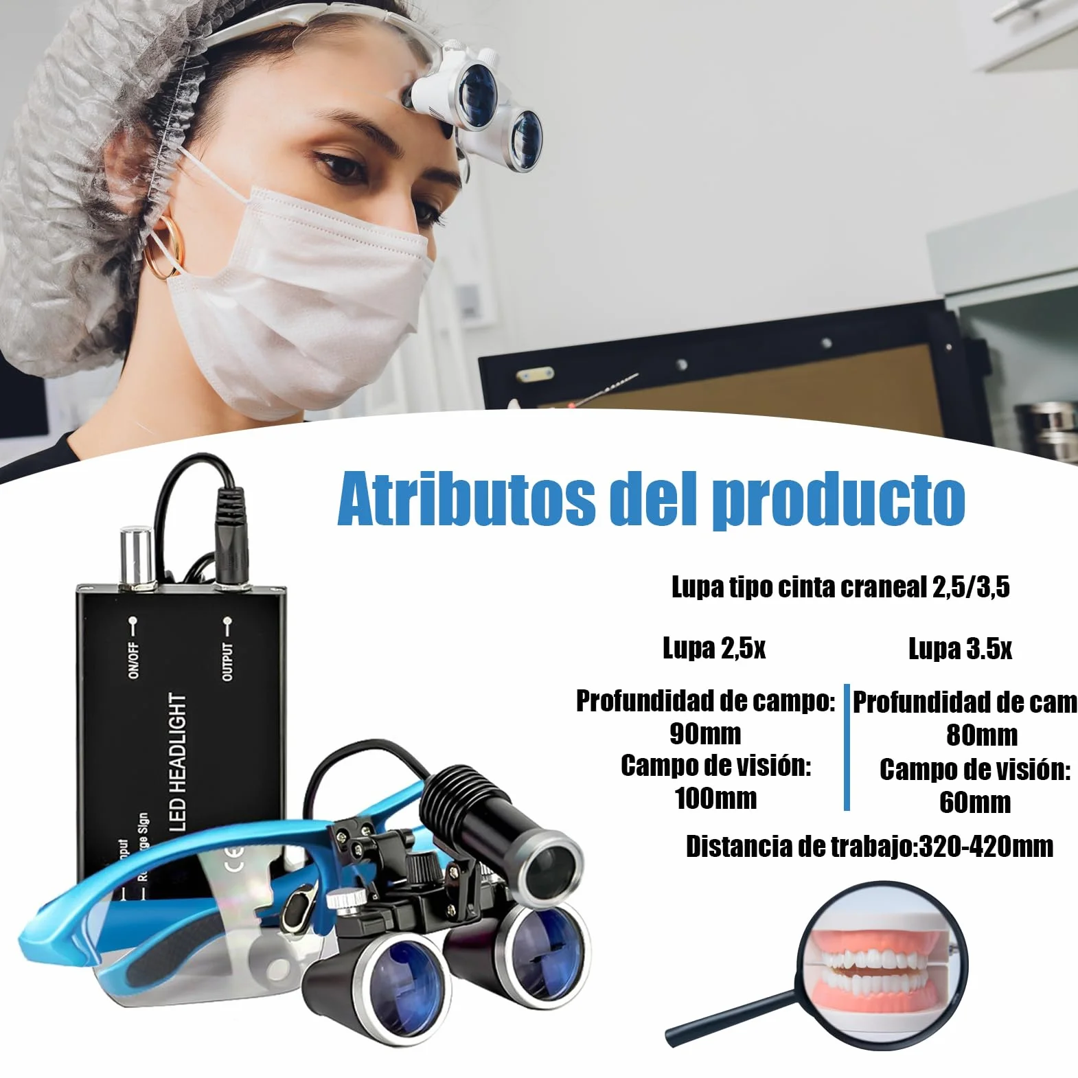 Lupas Dentales con Luz LED 3.5X - Gafas Lupa Quirúrgicas Profesionales para Dentista, Lente Óptico 420mm, Estuche Aluminio Incluido