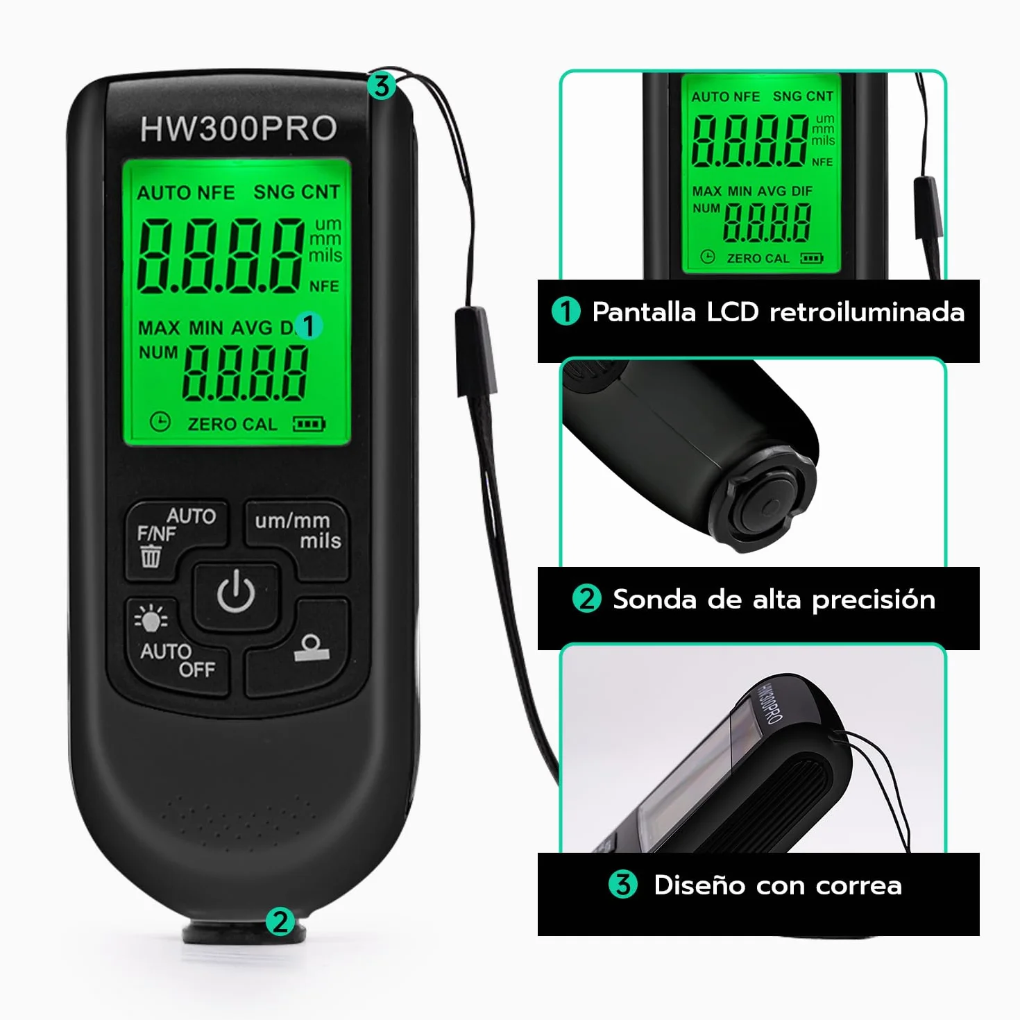 Digital Medidor de Espesor de Revestimientos 0-2000 µm Portátil para Auto Negro