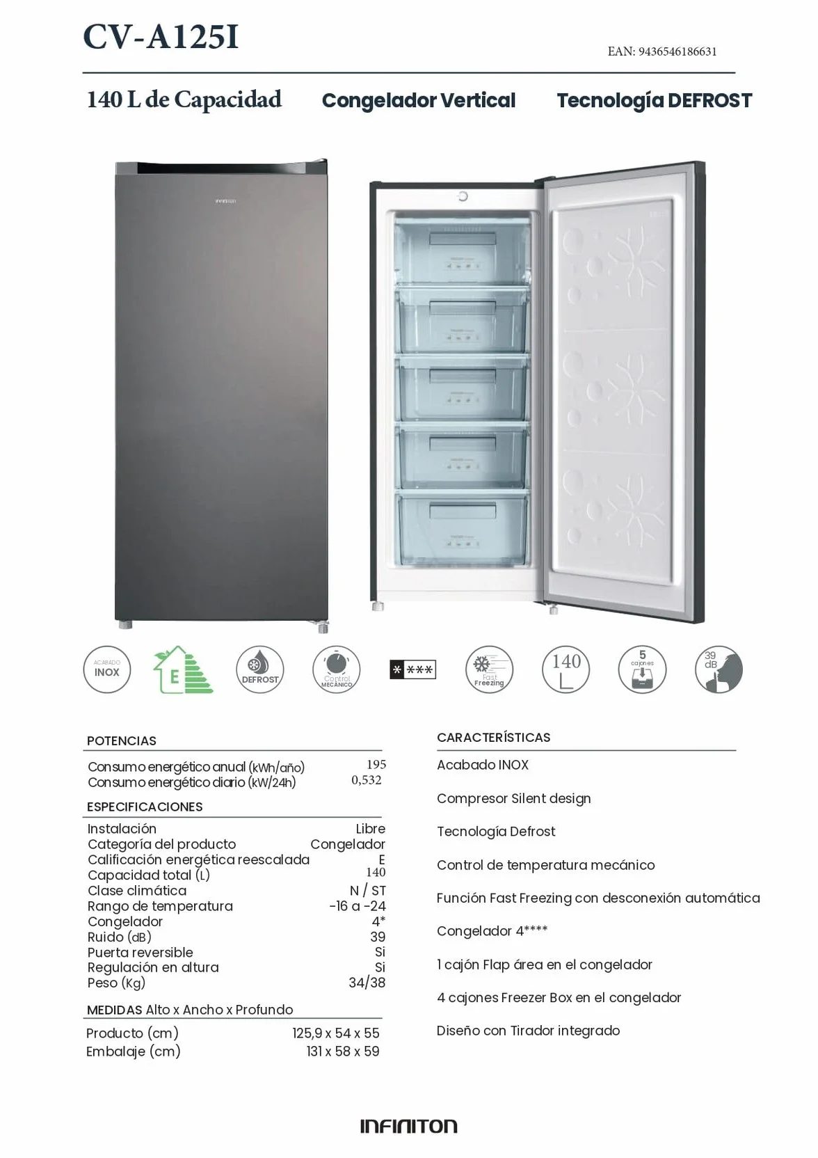INFINITON CV-A125I Congelador Vertical 140L 125cm 4 Cajones Puerta Reversible Inox
