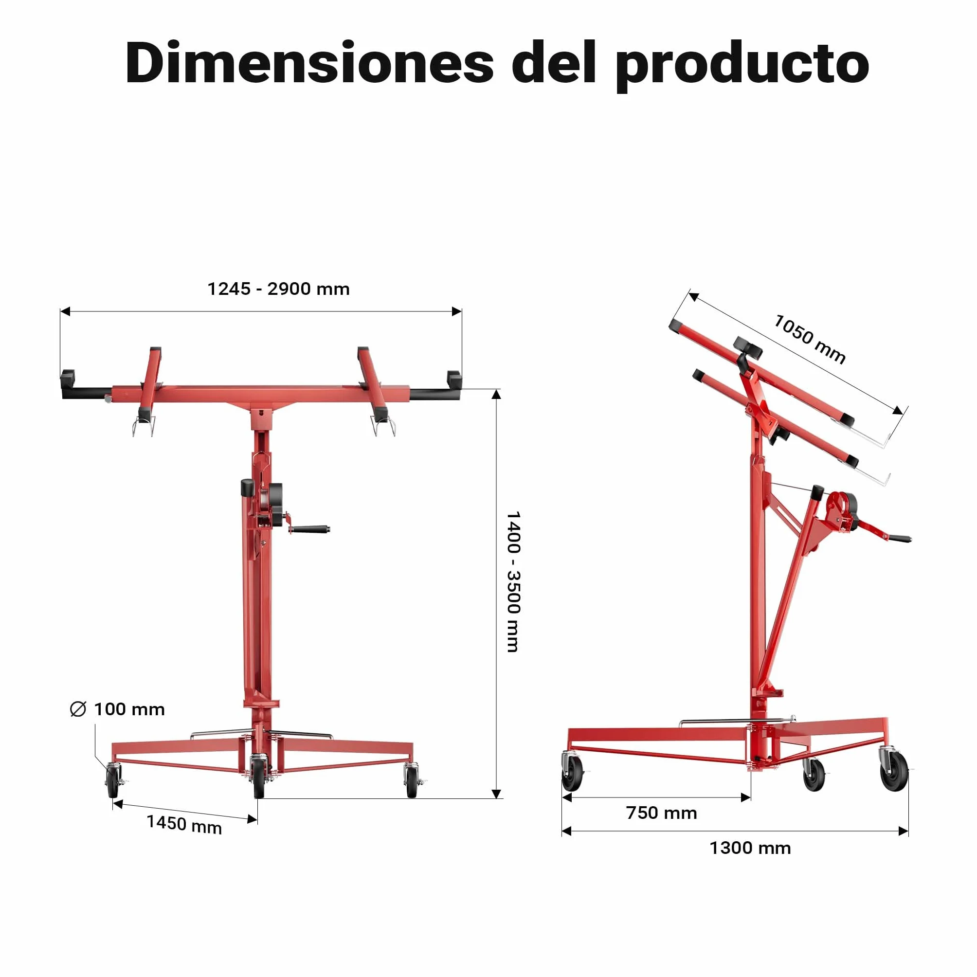 Wiltec Elevador de paneles de yeso XXL hasta máx. 68 kg, altura 140-350 cm, ancho máx. 2,90 m, ayuda de construcción en seco 3 ruedas con freno de posición manejo fácil por 1 persona