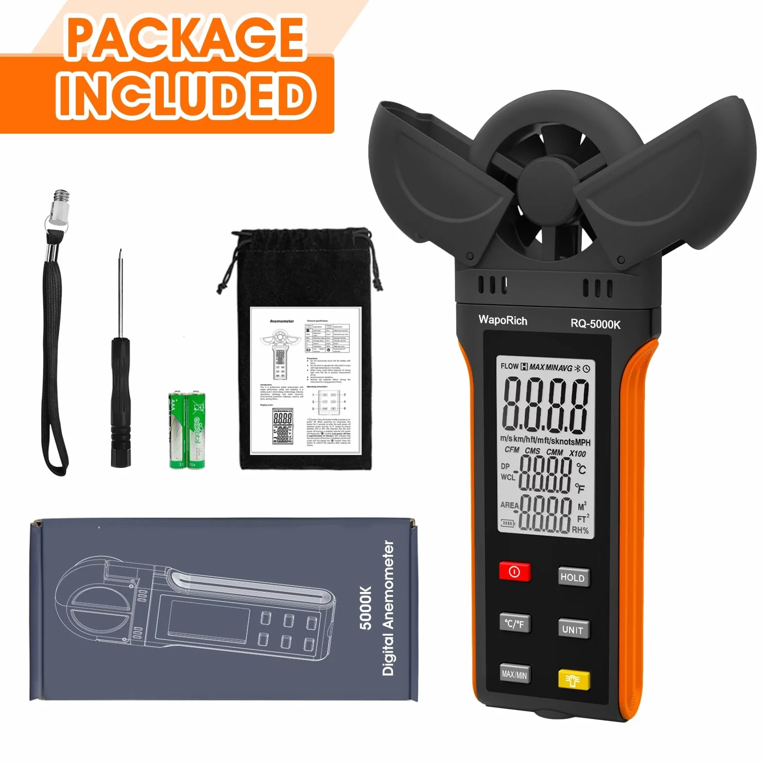 Anemómetro digital WapoRich RQ-5000K portátil medidor velocidad viento humedad temperatura MAX/MIN/AVG
