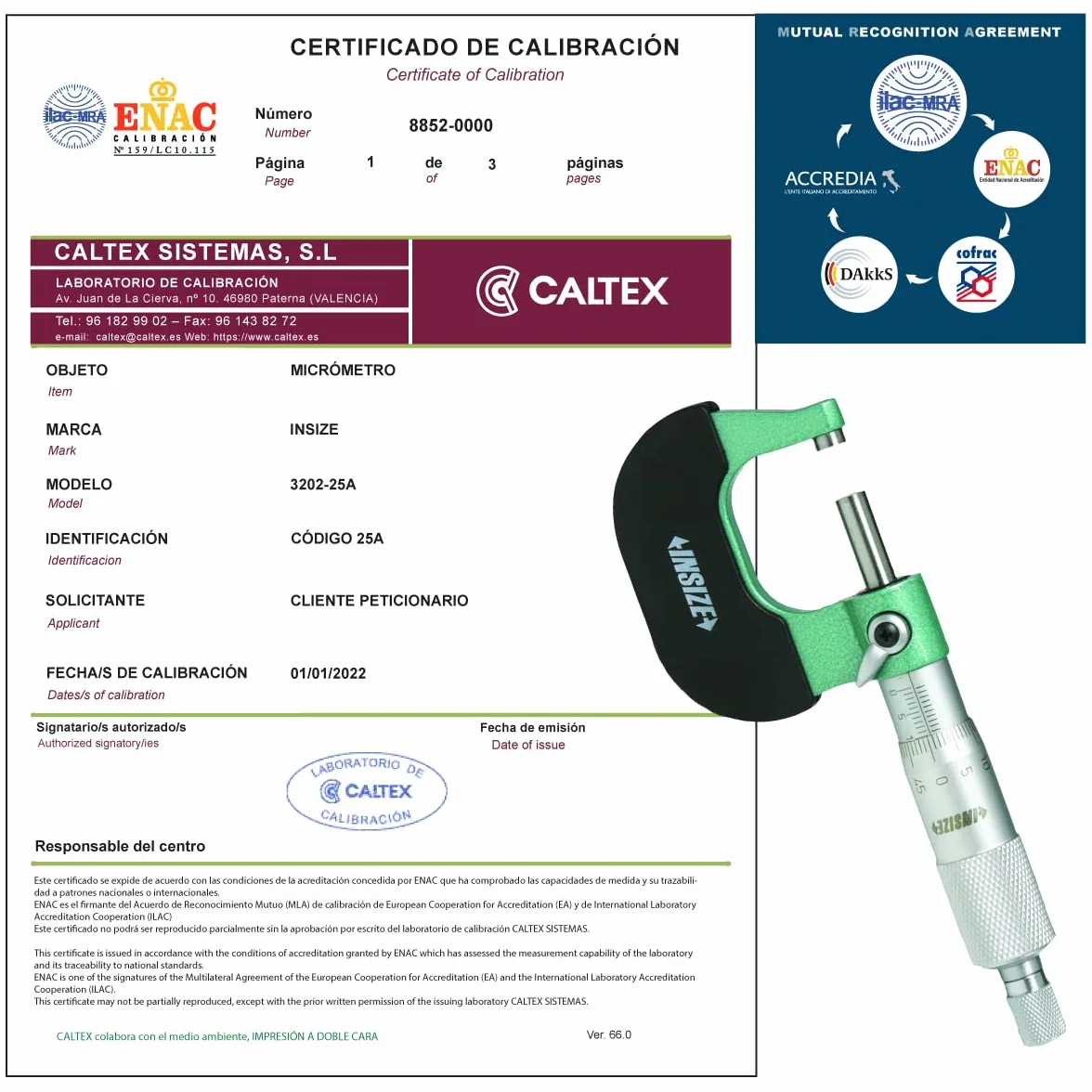 Micrómetro de exteriores INSIZE 3202-25A - Micrómetro de exteriores Calibrado ENAC - Incluye Certificado de Calibración Acreditado