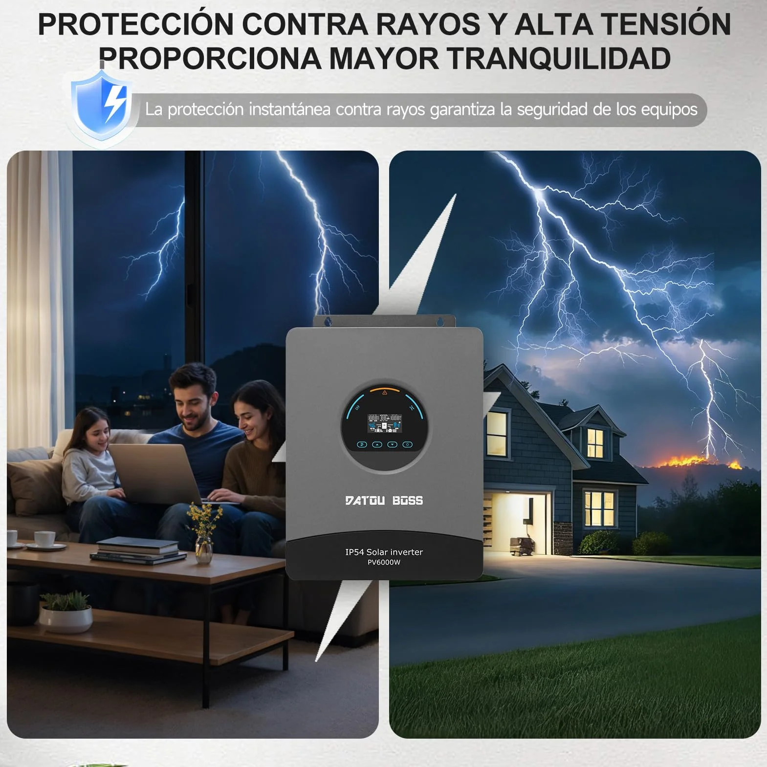 DATOUBOSS Inversor Solar Híbrido 48V 6000W Onda Sinusoidal Pura, Regulador MPPT Integrado 120A, Protección contra Rayos y Agua, Arranque sin Batería, para Sistema Solar Fuera de la Red (48V 6000W)