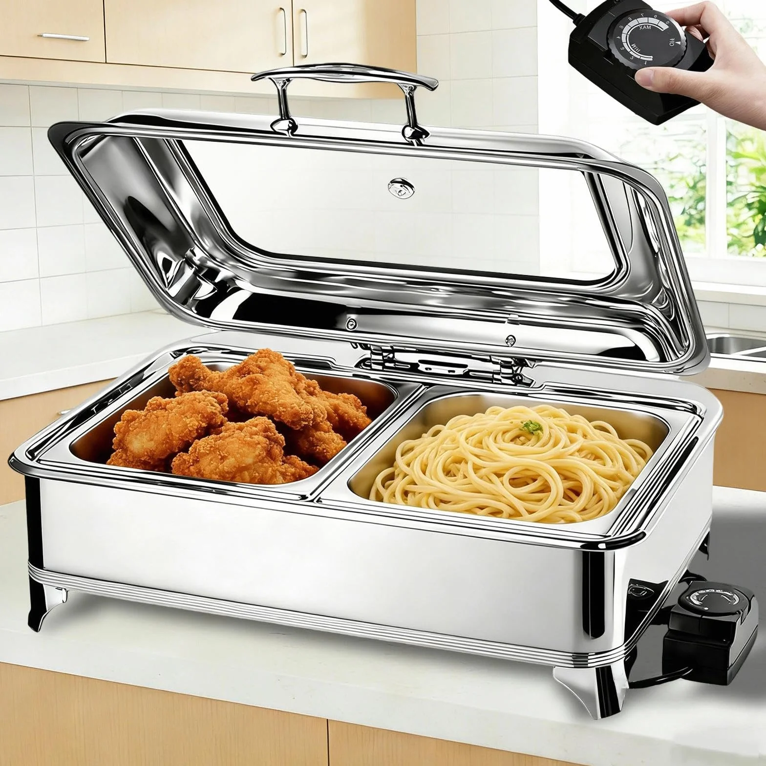 Chafing Dish Eléctrico 9L Acero Inoxidable con Tapa Transparente, Calentador de Comida para Buffet y Fiestas (1/2 Pan)