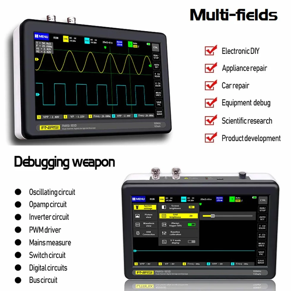 Osciloscopio Digital, VISLONE 1013D Osciloscopio 7"2 Canales 100 MHz de ancho de banda 1GSa / s frecuencia de muestreo, Pantalla TFT LCD, Batería de litio incorporada