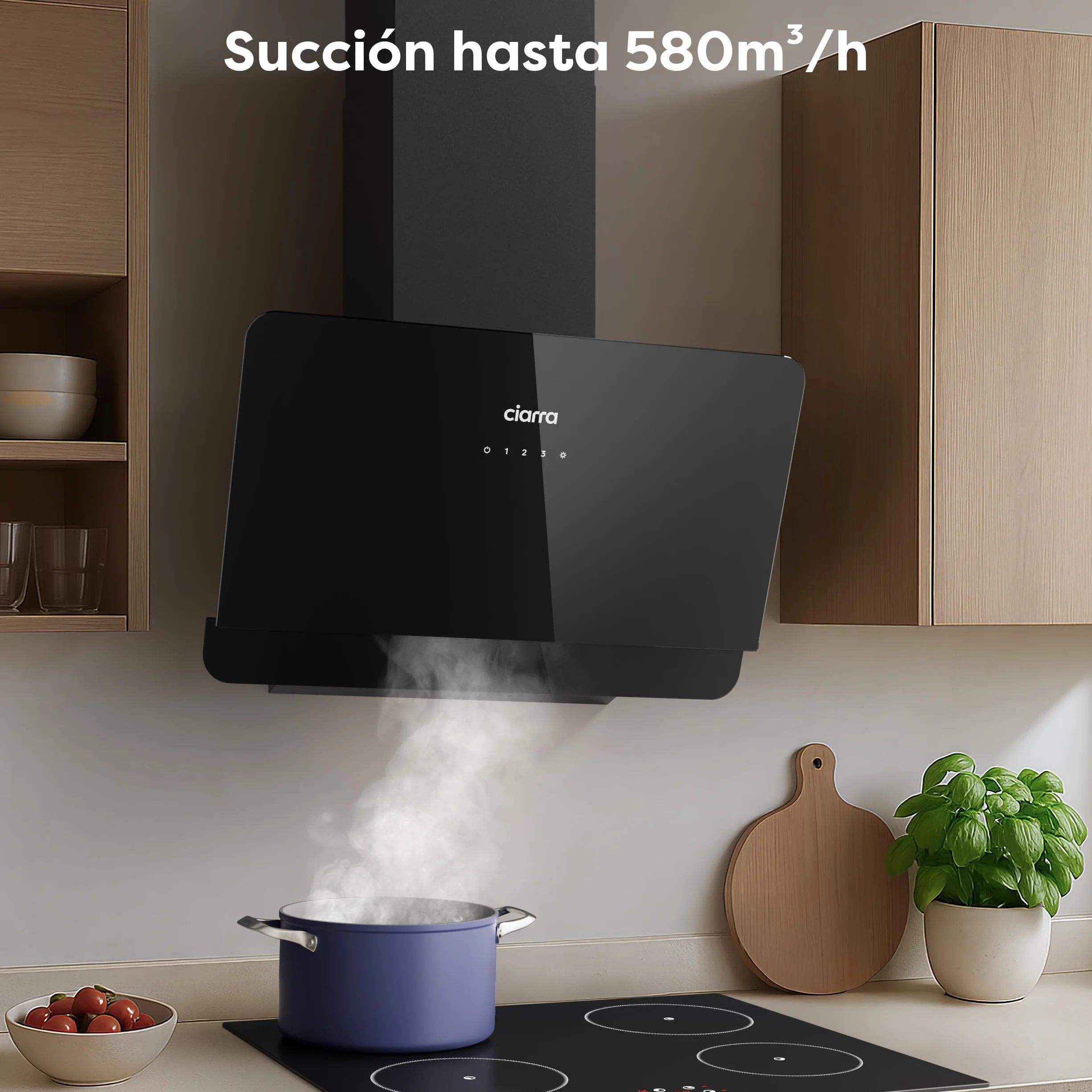 Ciarra CBCB6765C Campana de Pared Inclinada 60 cm 580 m³/h Clase A+ Control Táctil Panel de Cristal Negro