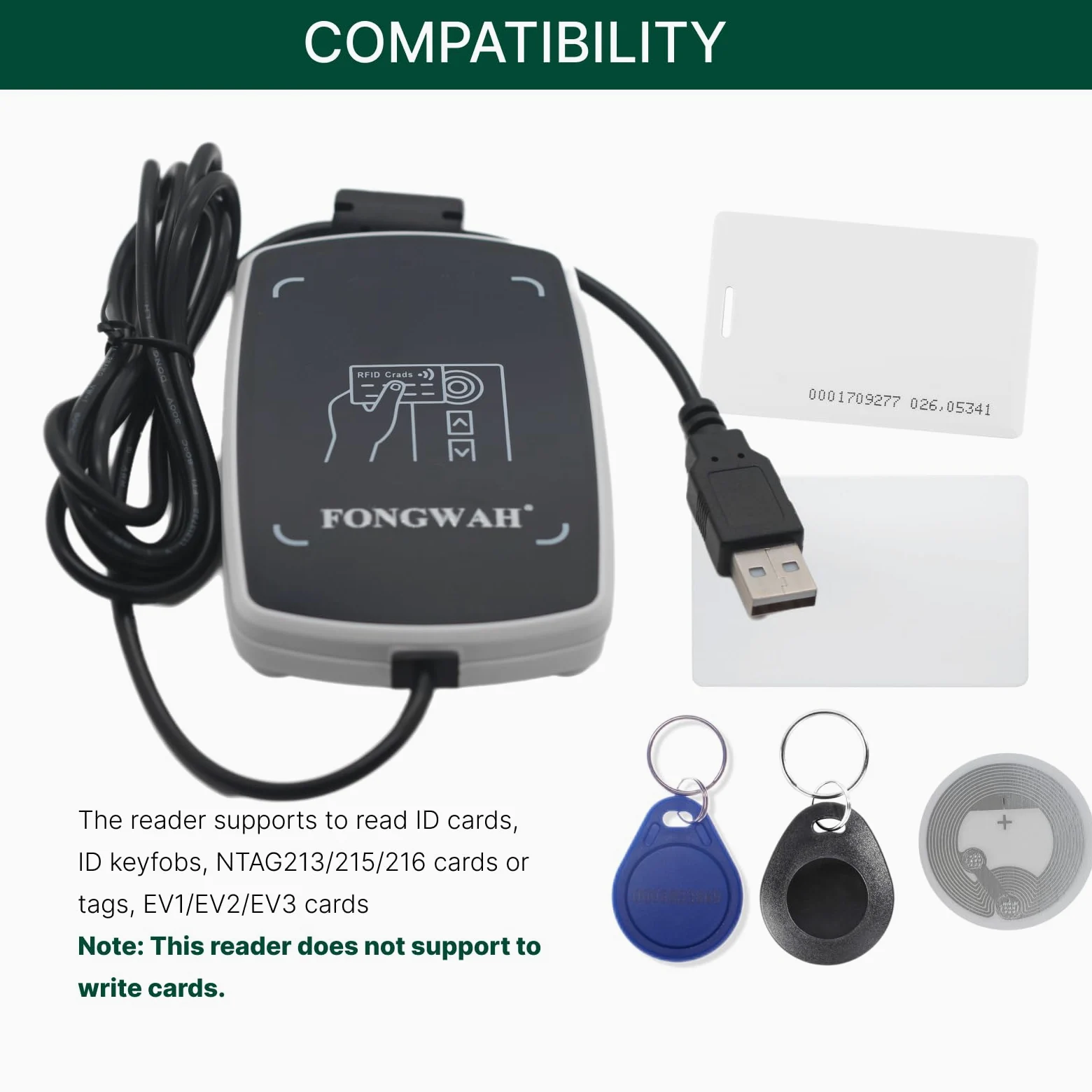 Lector de Tarjetas de identificación e IC RFID Fongwah, emulador de Teclado, 13,56 MHz y 125 KHz, Compatible con ISO 14443A/B, para Tarjetas NFC/S50/S70/Desfire/ID