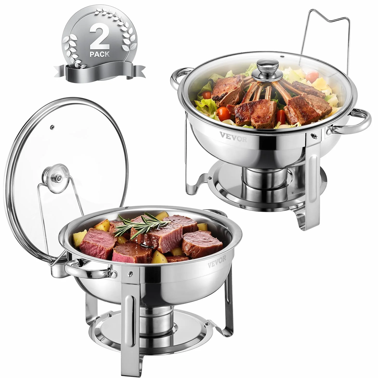 VEVOR Calentador de Alimentos con 2 Recipientes 4,7 L, Redondo, para Catering, Tapa de Vidrio, Soporte Plegable, Bufé