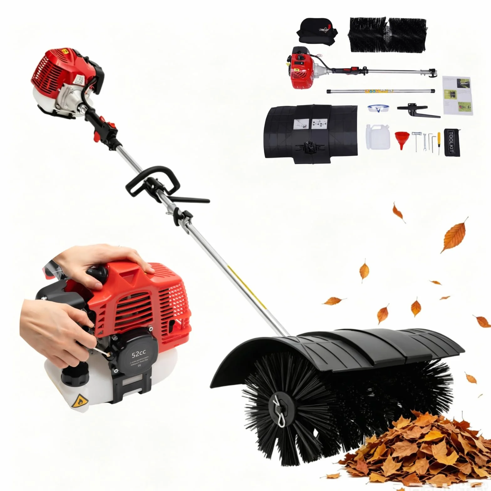Barredora de gasolina de 1,7 kW, 2,3 CV, 2 tiempos, 52 cc, gasolina, refrigerado por aire, con correa trasera, escoba quitanieves, escoba quitanieves para limpieza de césped, hojas, nieve