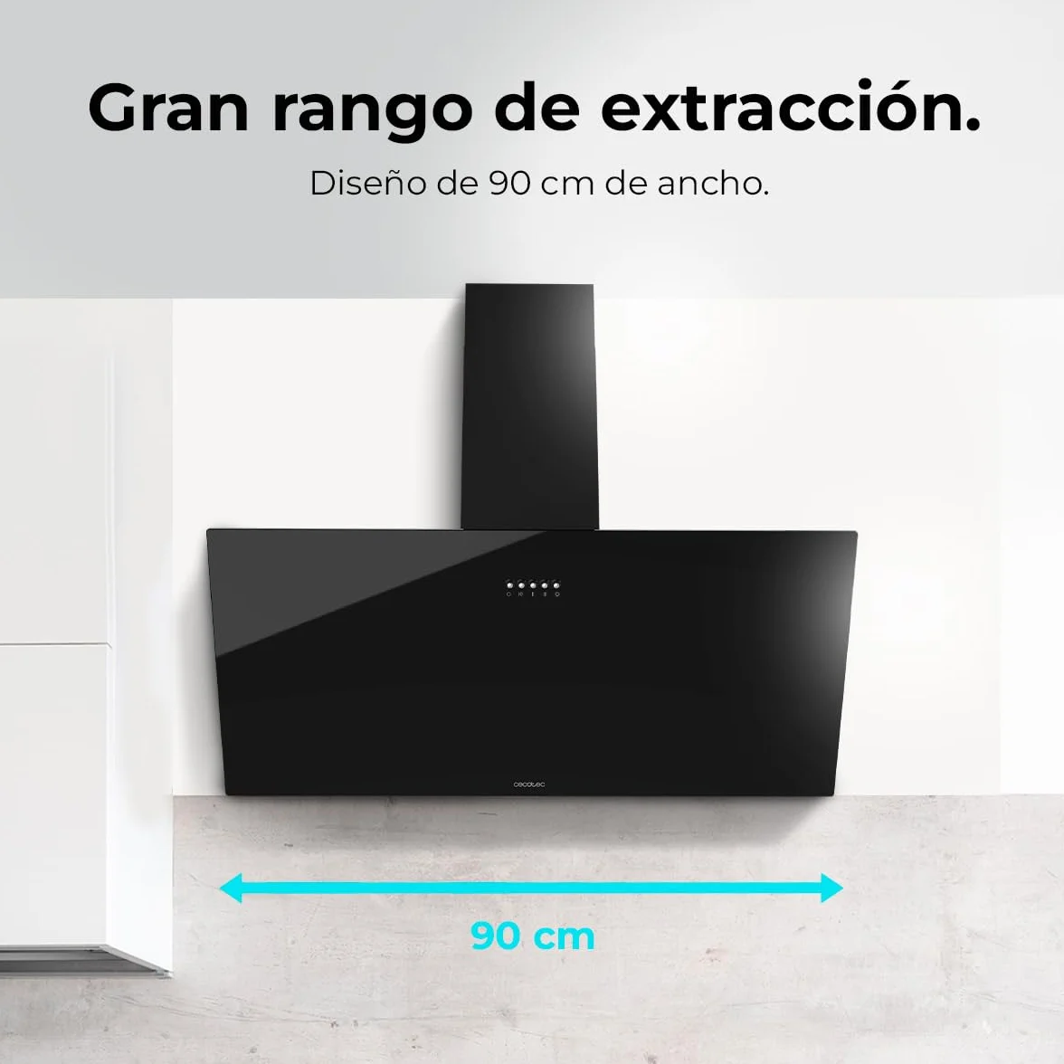 Cecotec Campana Decorativa 90cm Bolero Flux DM 906500 Glass Black 165W 650m3/h Frontal Vidrio Negro Control Mecánico 3 Niveles Potencia