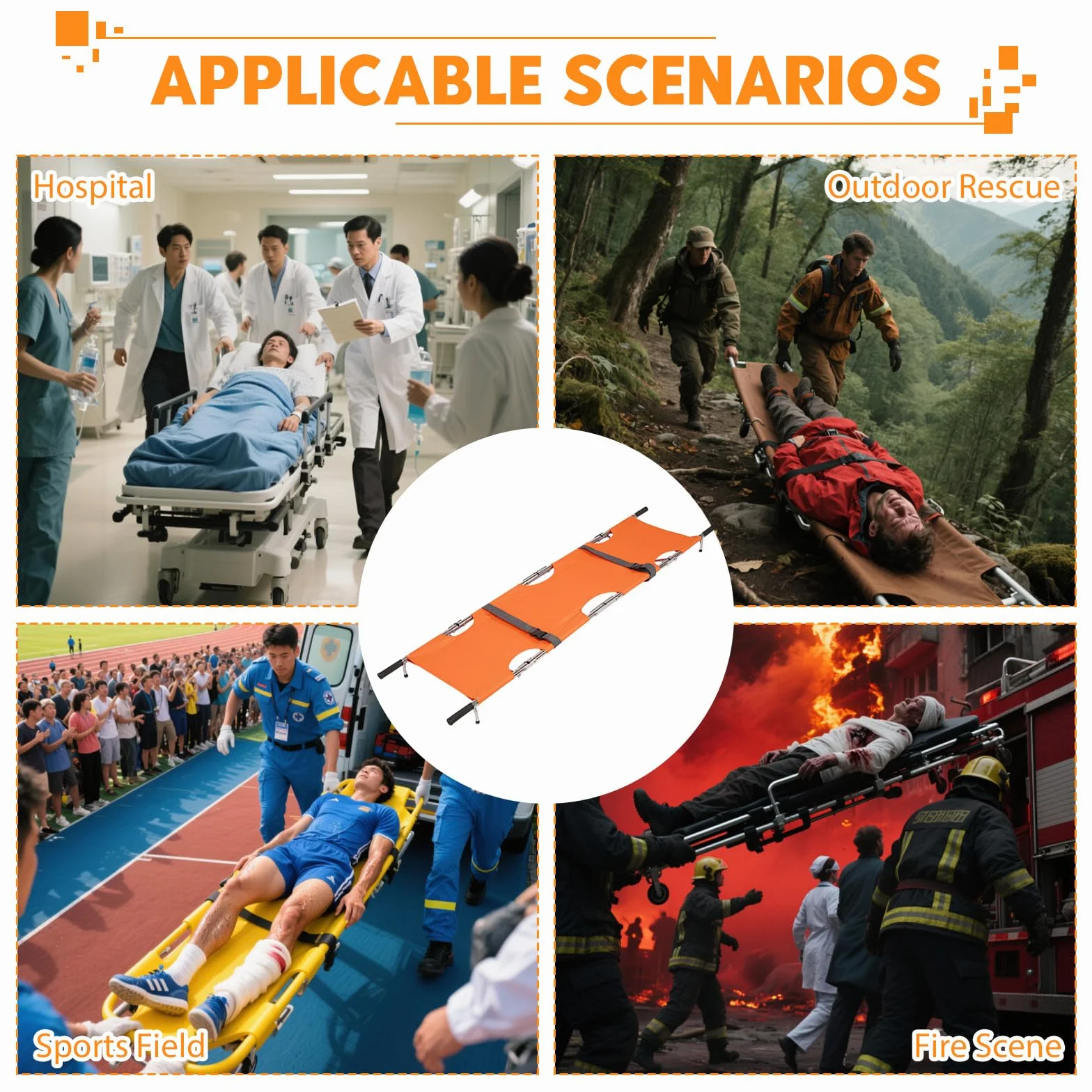 Camilla de Rescate Portátil, 210 * 54cm Camilla Plegable con Bolsa de Almacenamiento para Rescate en Montaña y Transporte de Larga Distancia(Naranja)