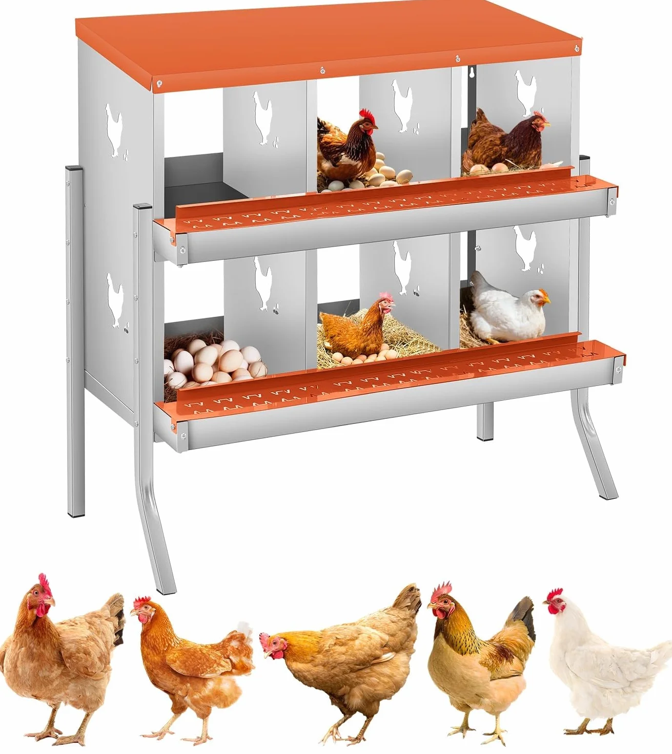 Garvee Ponederos para Gallinas de 6 Departamentos con Patas, Nidales de Acero al Carbono para Recogida Automática de Huevos, Jaula de Puesta Metálica Resistente para Exterior, 115x35x80 cm, Rojo