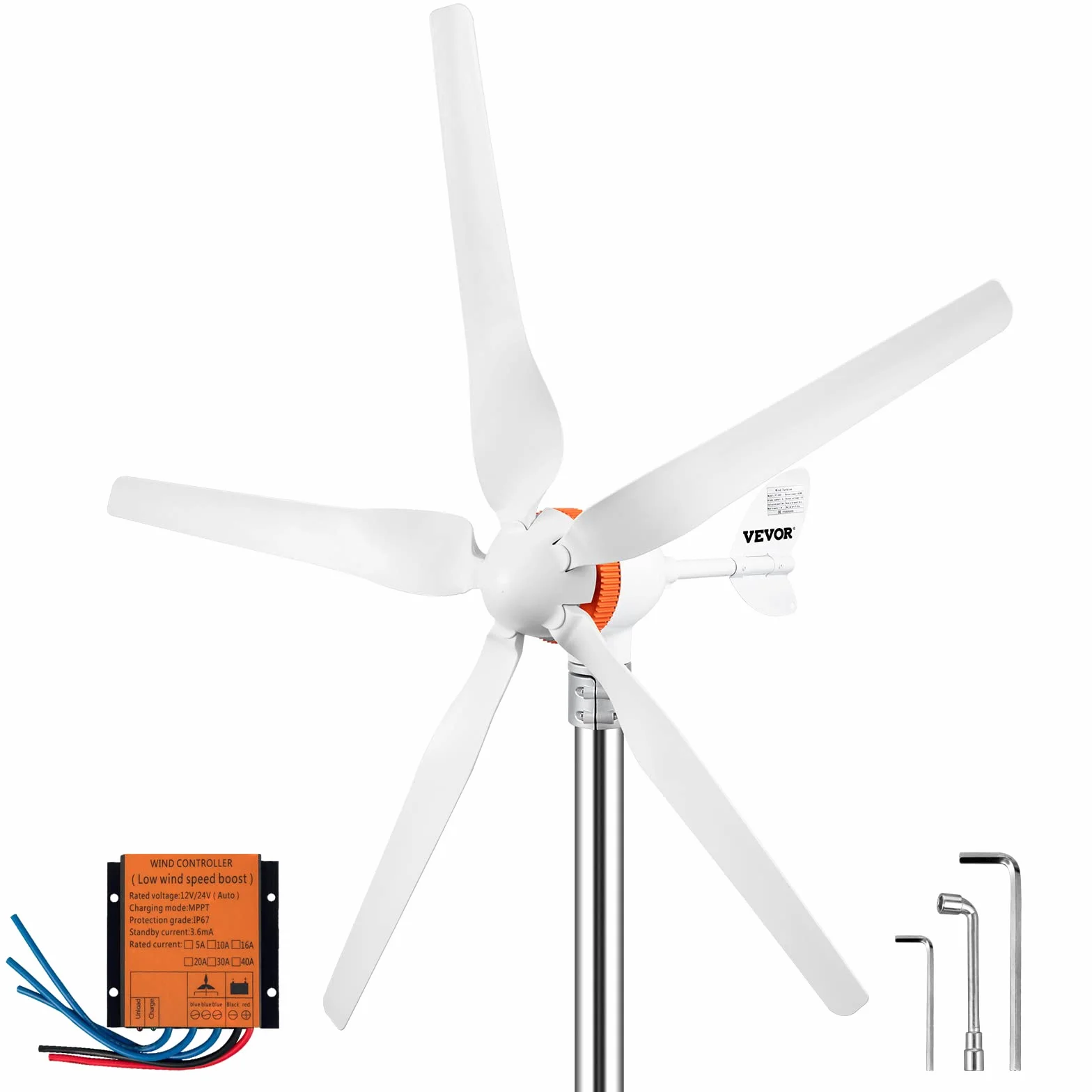 VEVOR Generador de Turbina Eólica 12 V 500 W Aerogenerador Horizontal 5 Cuchillas Velocidad Nominal 13 m/s, Kit Resistente y Durable con Controlador de Carga MPPT para Hogar, Chalets