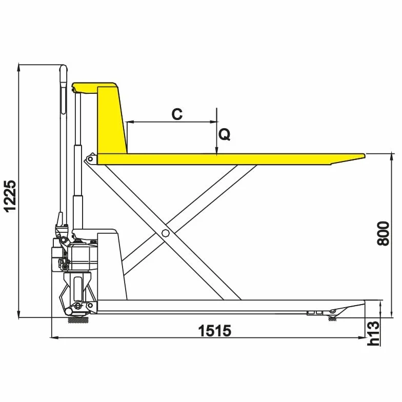 Transpaleta Manual Tijera 1150X550mm, Capacidad de Carga 1000kg, elevación 800mm, se suministra montada