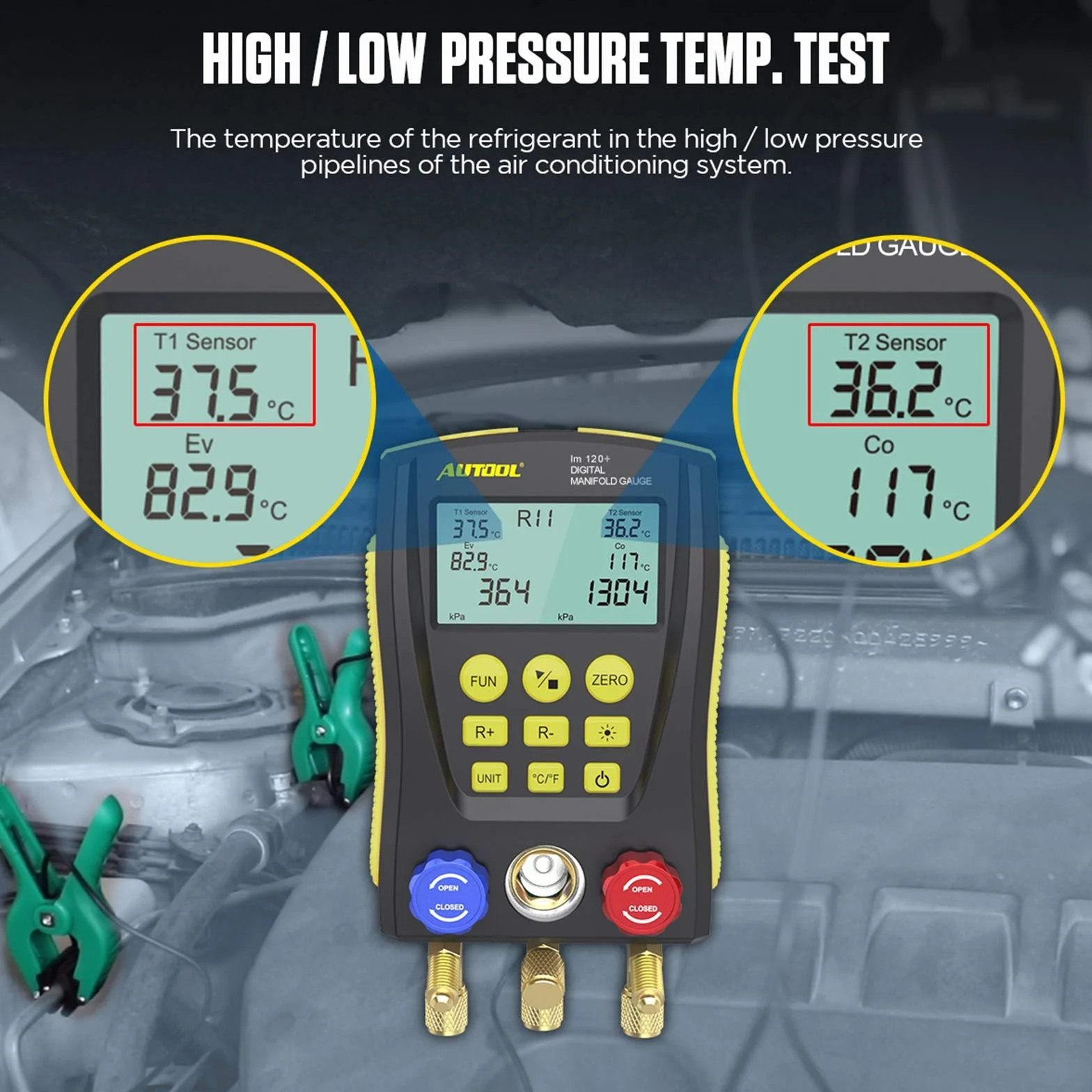 AUTOOL Medidor de presión de refrigeración digital, sistema HVAC Medidor de refrigeración Aire acondicionado Refrigerador Presión de vacío Probador de fugas de temperatura