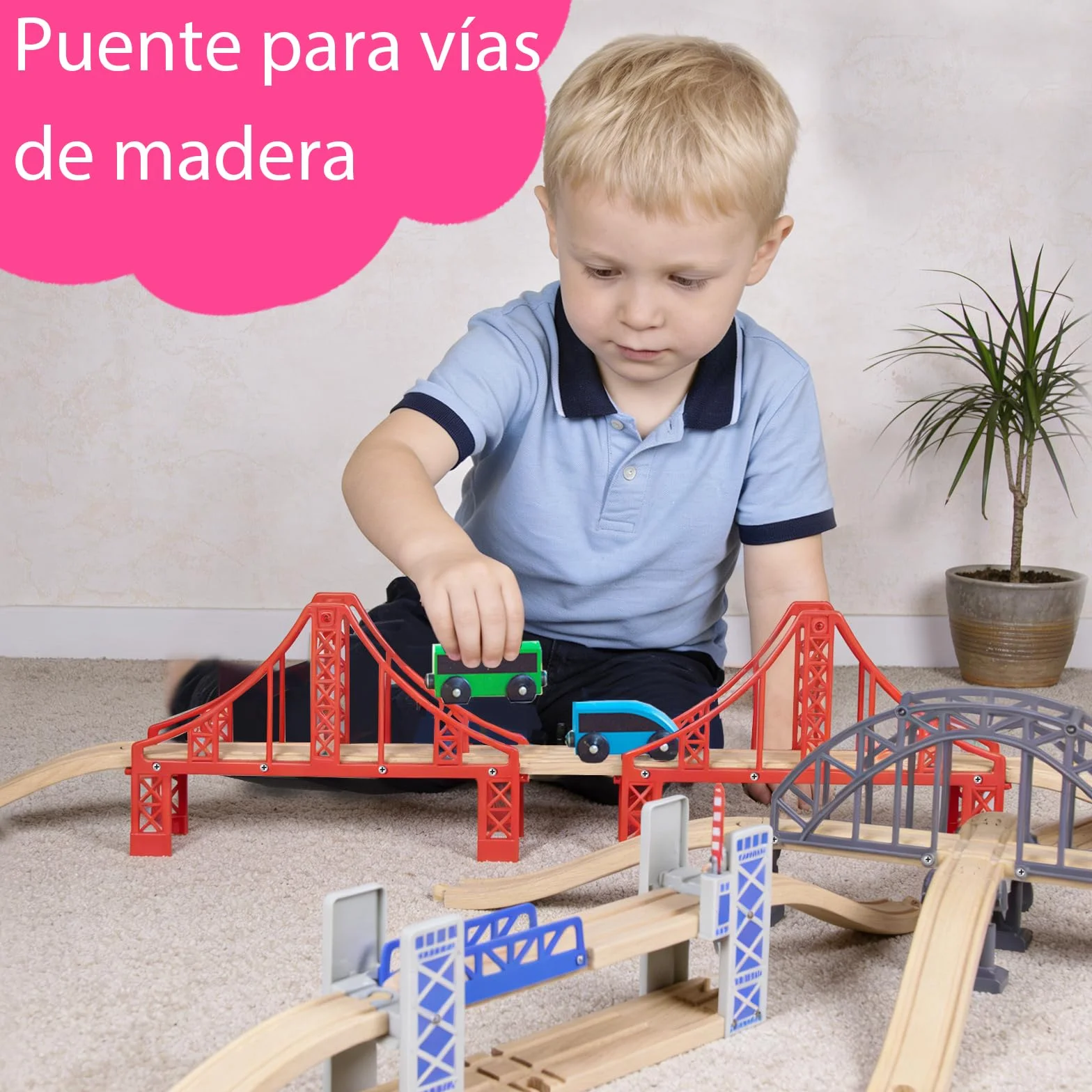 Puente de ferrocarril de madera para niños, compatible con otros puentes de tren de juguete