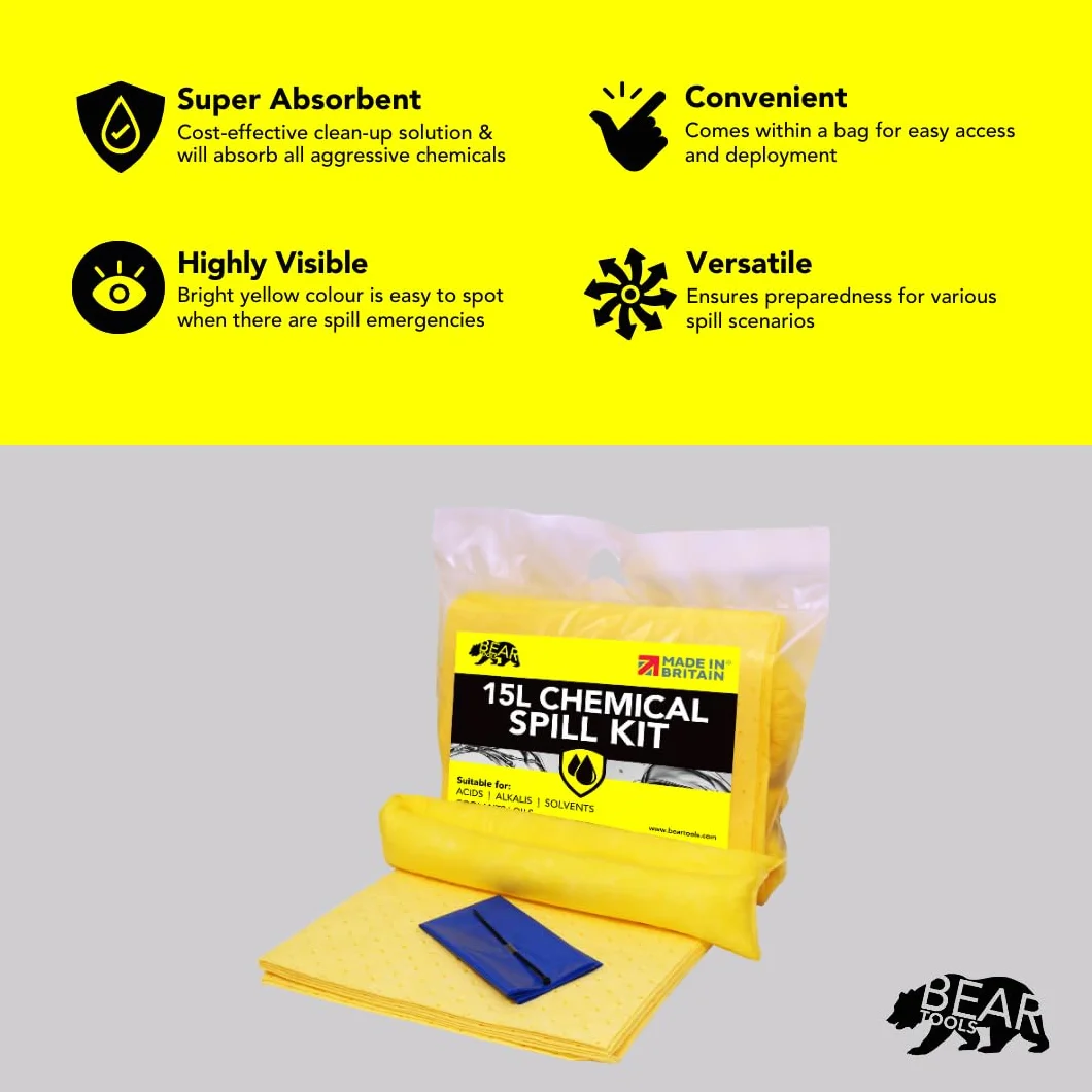 Kit de derrames de 15 litros (15 L) uso amarillo en derrames que involucran productos químicos ácidos agresivos álcalis exterior/uso interior