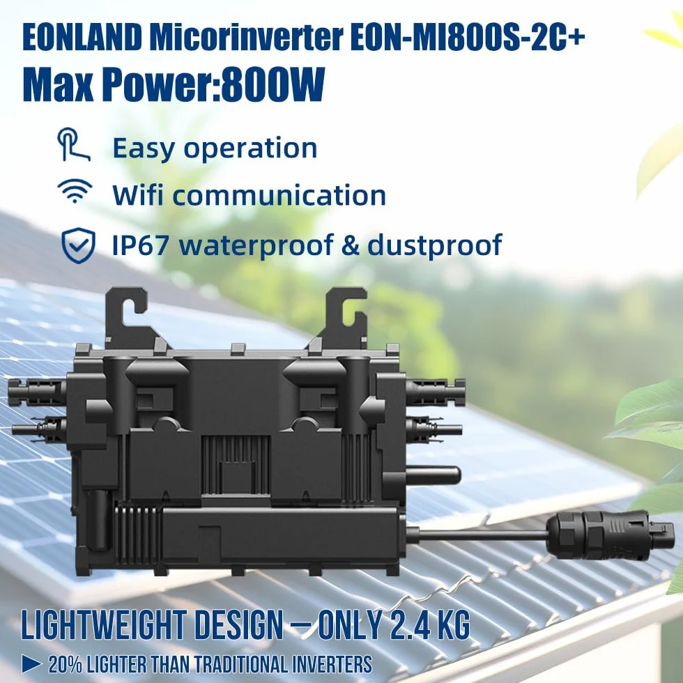 EON-MI800S Microinversor de 800W, Dual MPPT, 16–60V DC, Control de la aplicación Mediante Wi-Fi, Plug & Play, IP67, Certificado VDE, Ligero, Ideal para Sistemas solares de balcón