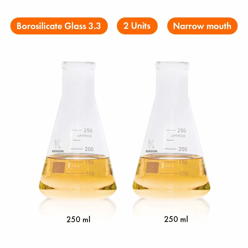KENZIUM - Pack 2 x Matraces Erlenmeyer | 250 ml | Vidrio Borosilicato 3.3 | con Graduación Impresa | Boca Estrecha | Ideal Laboratorio y Educación